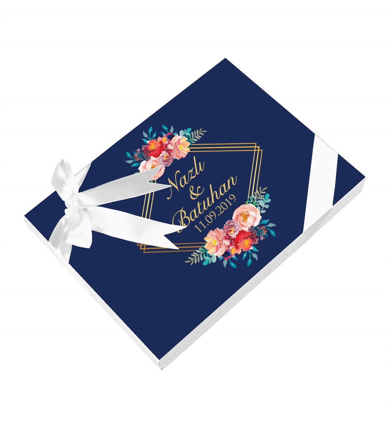 Lacivertli, Renkli Çiçekli İsimli ve Tarihli Kutulu Söz & Nişan Çikolatası