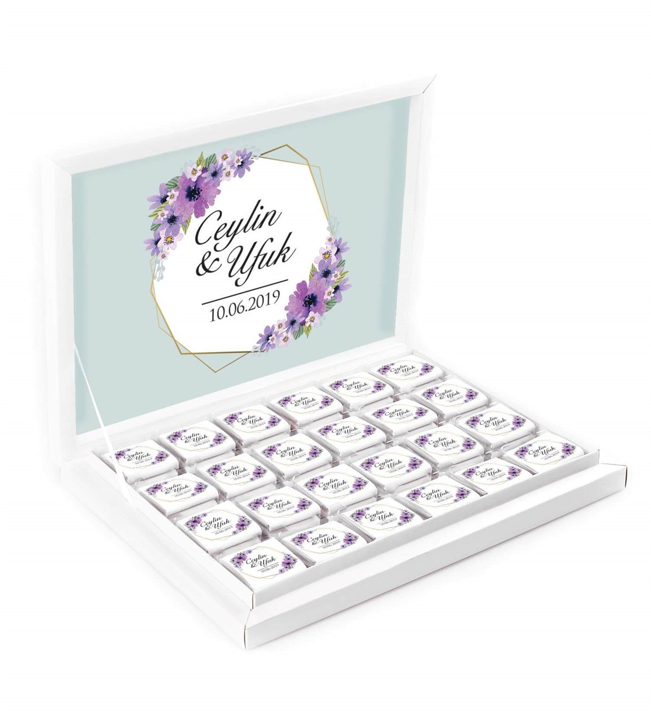 Lila Çiçekli İsimli ve Tarihli Kutulu Söz & Nişan Çikolatası