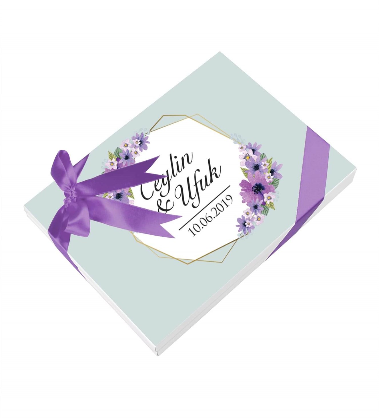 Lila Çiçekli İsimli ve Tarihli Kutulu Söz & Nişan Çikolatası