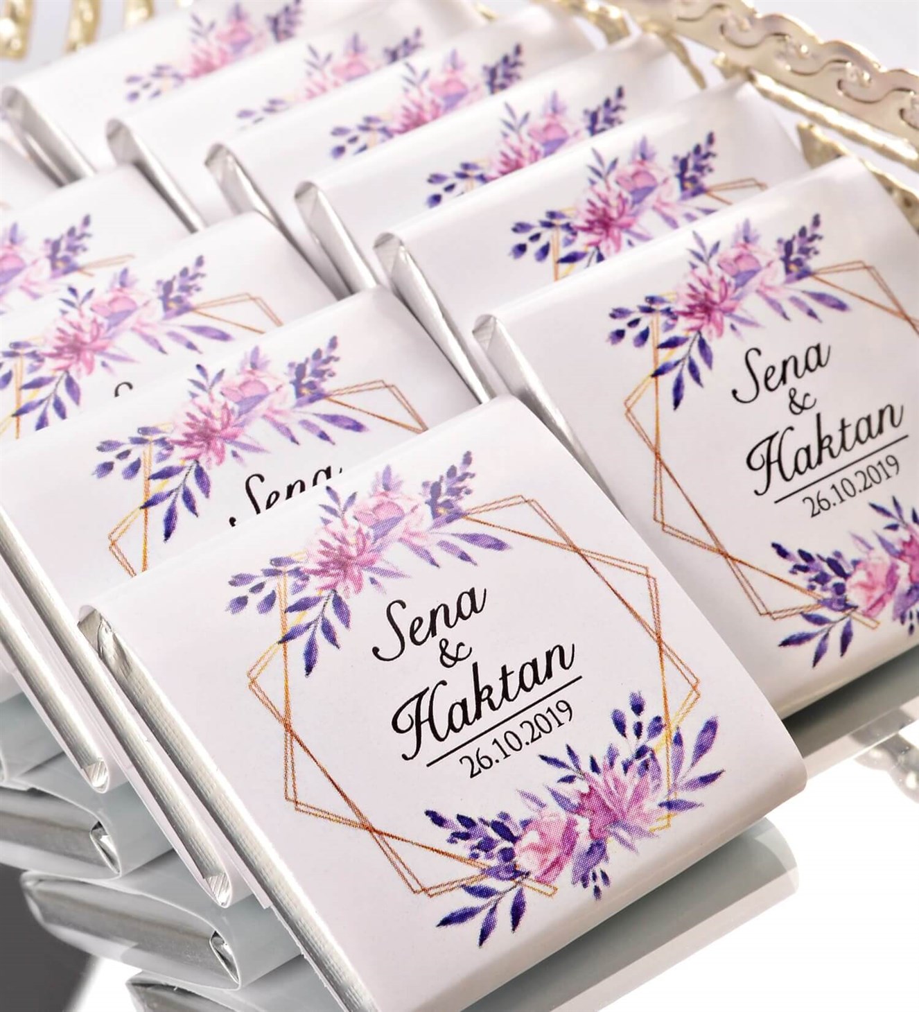 Lilalı Mor Çiçekler İsimli ve Tarihli 50 Adet Söz & Nişan Çikolatası