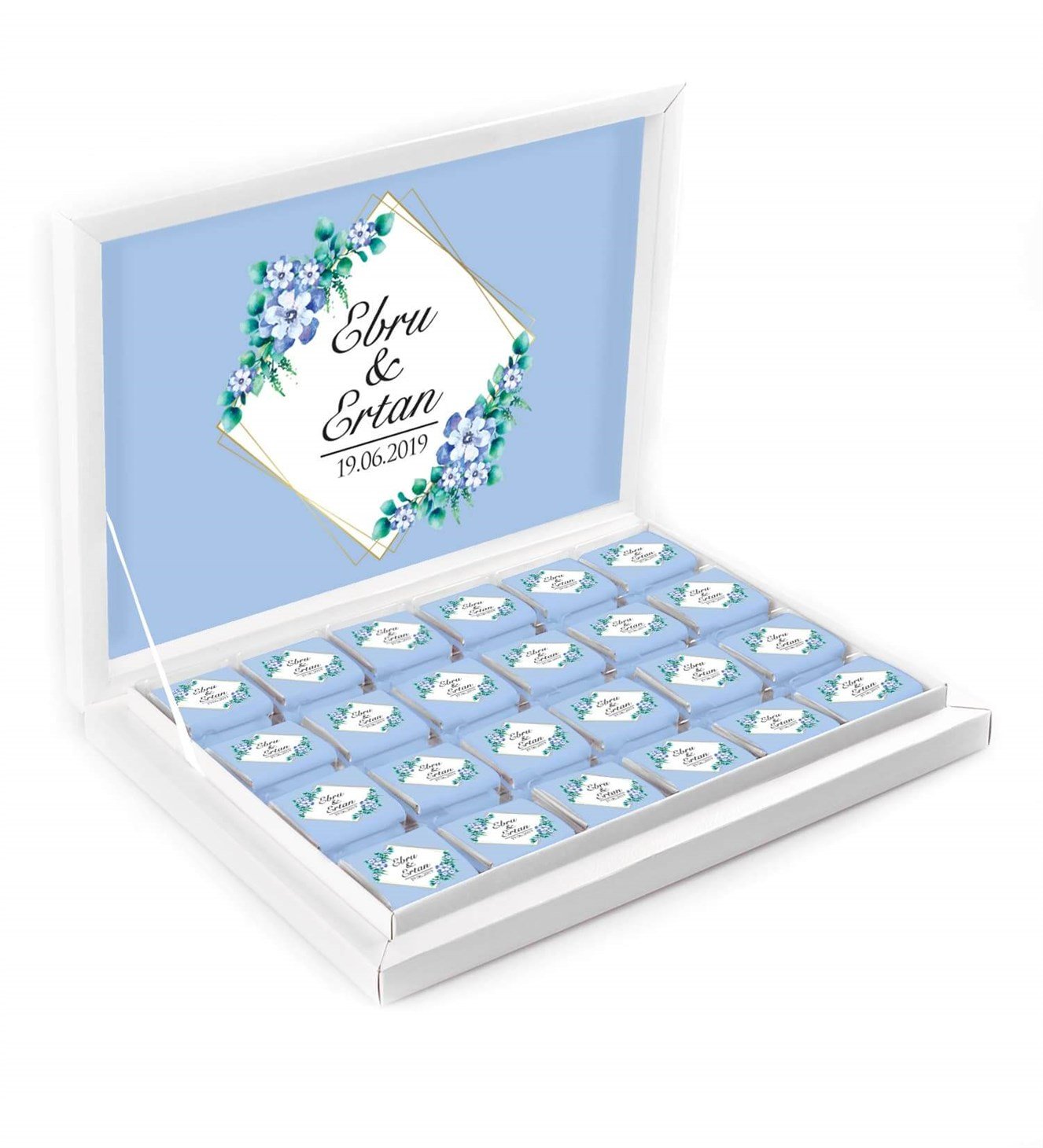 Mavi Çiçekler İsimli ve Tarihli Kutulu Söz & Nişan Çikolatası