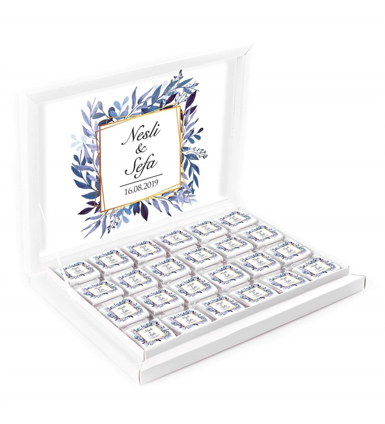 Mavi Çiçekli Dallı İsimli ve Tarihli Kutulu Söz & Nişan Çikolatası