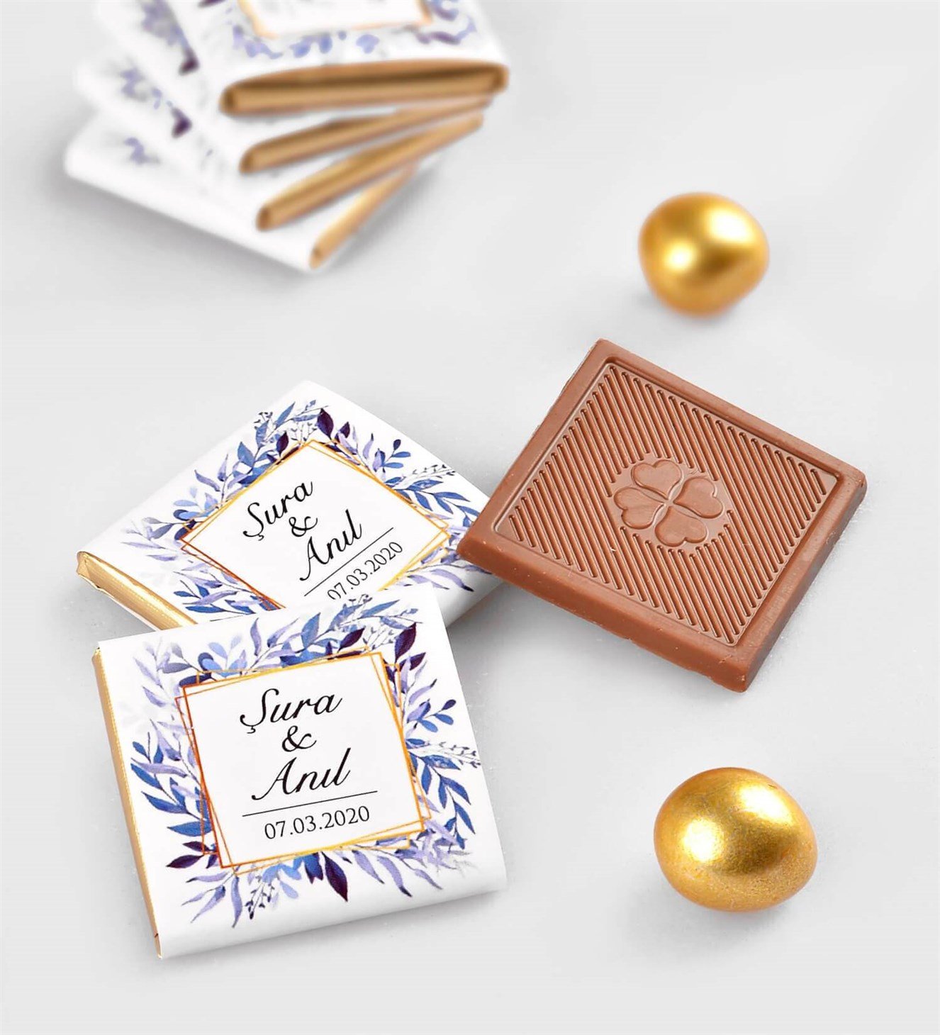 Mavi Dallar İsimli ve Tarihli 50 Adet Söz & Nişan Çikolatası
