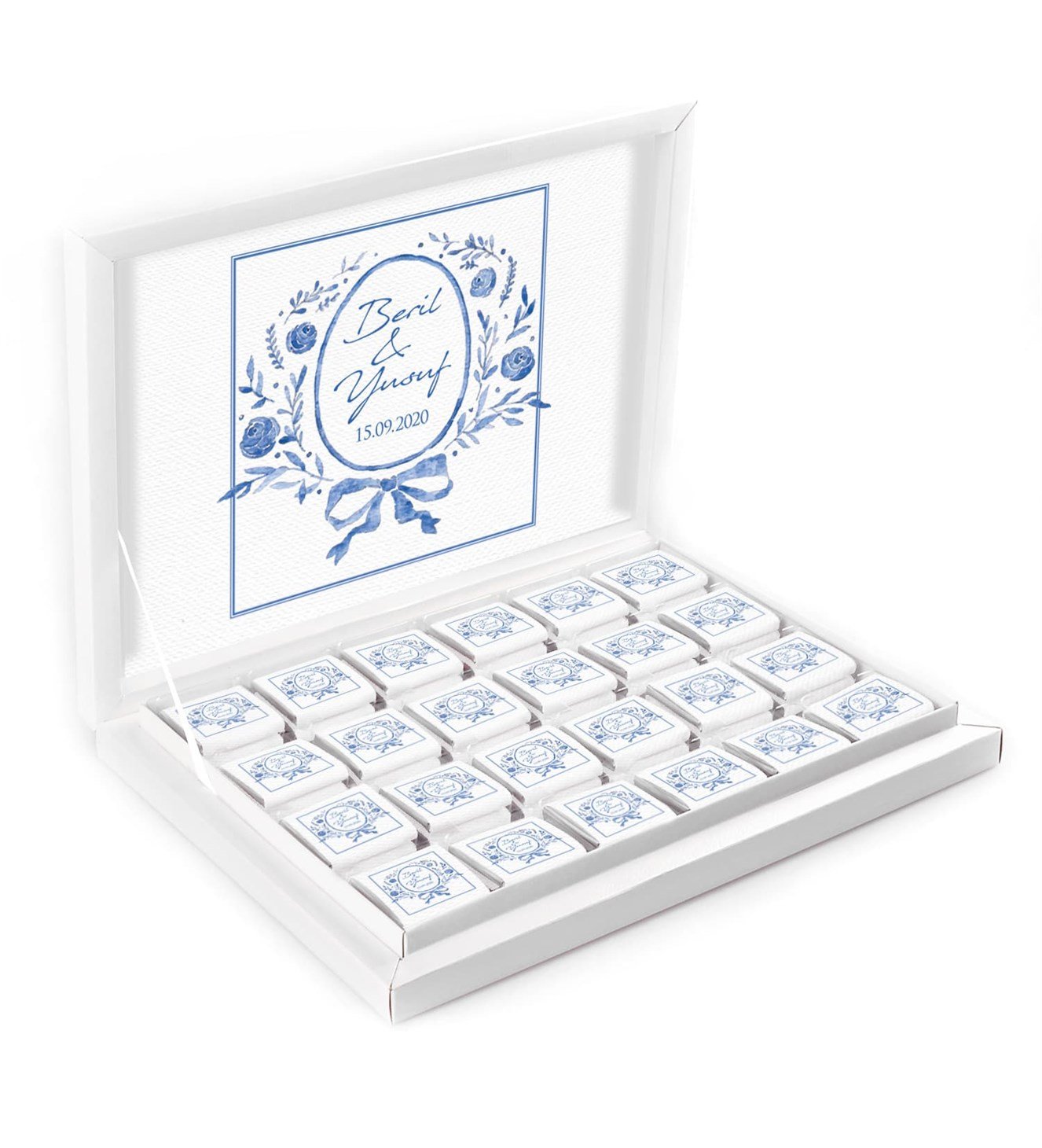 Mavi Fiyonklu Çiçekler İsimli ve Tarihli Kutulu Söz & Nişan Çikolatası