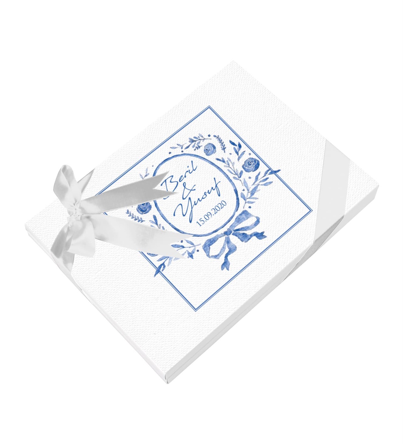 Mavi Fiyonklu Çiçekler İsimli ve Tarihli Kutulu Söz & Nişan Çikolatası