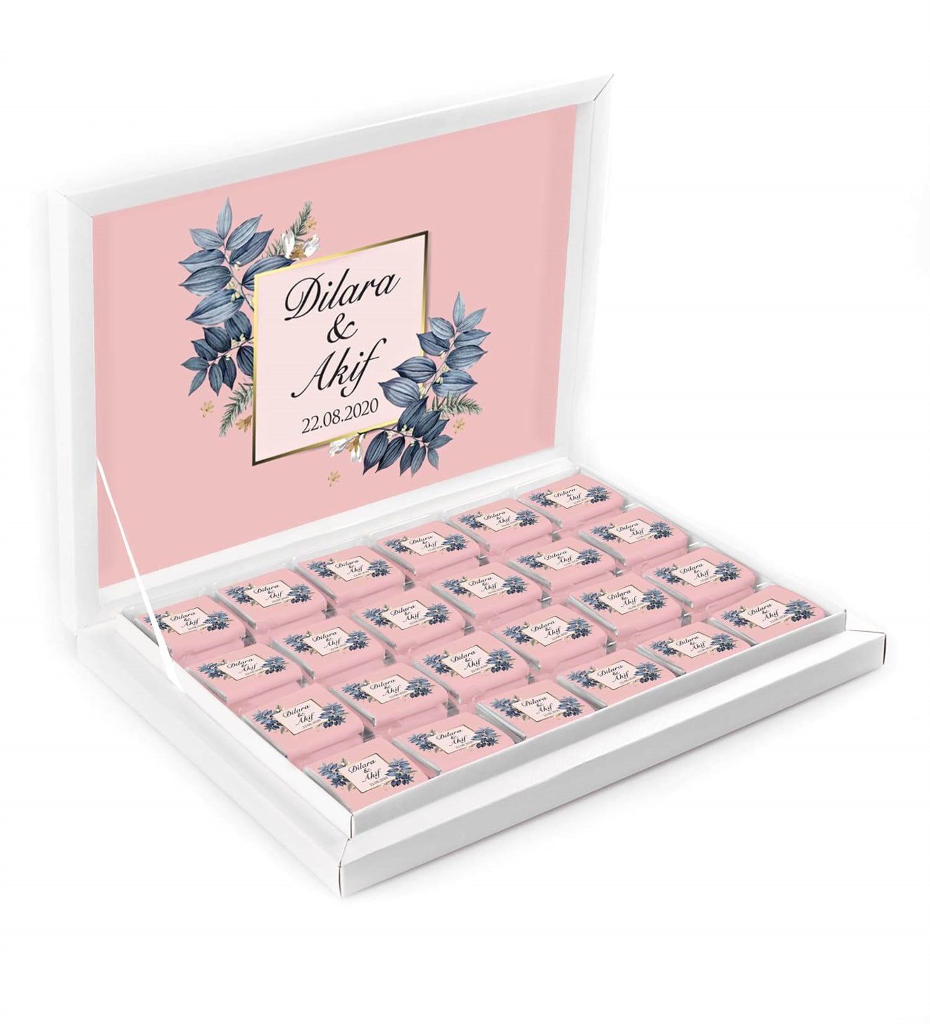 Mavi Tomurcuklar İsimli ve Tarihli Kutulu Söz & Nişan Çikolatası