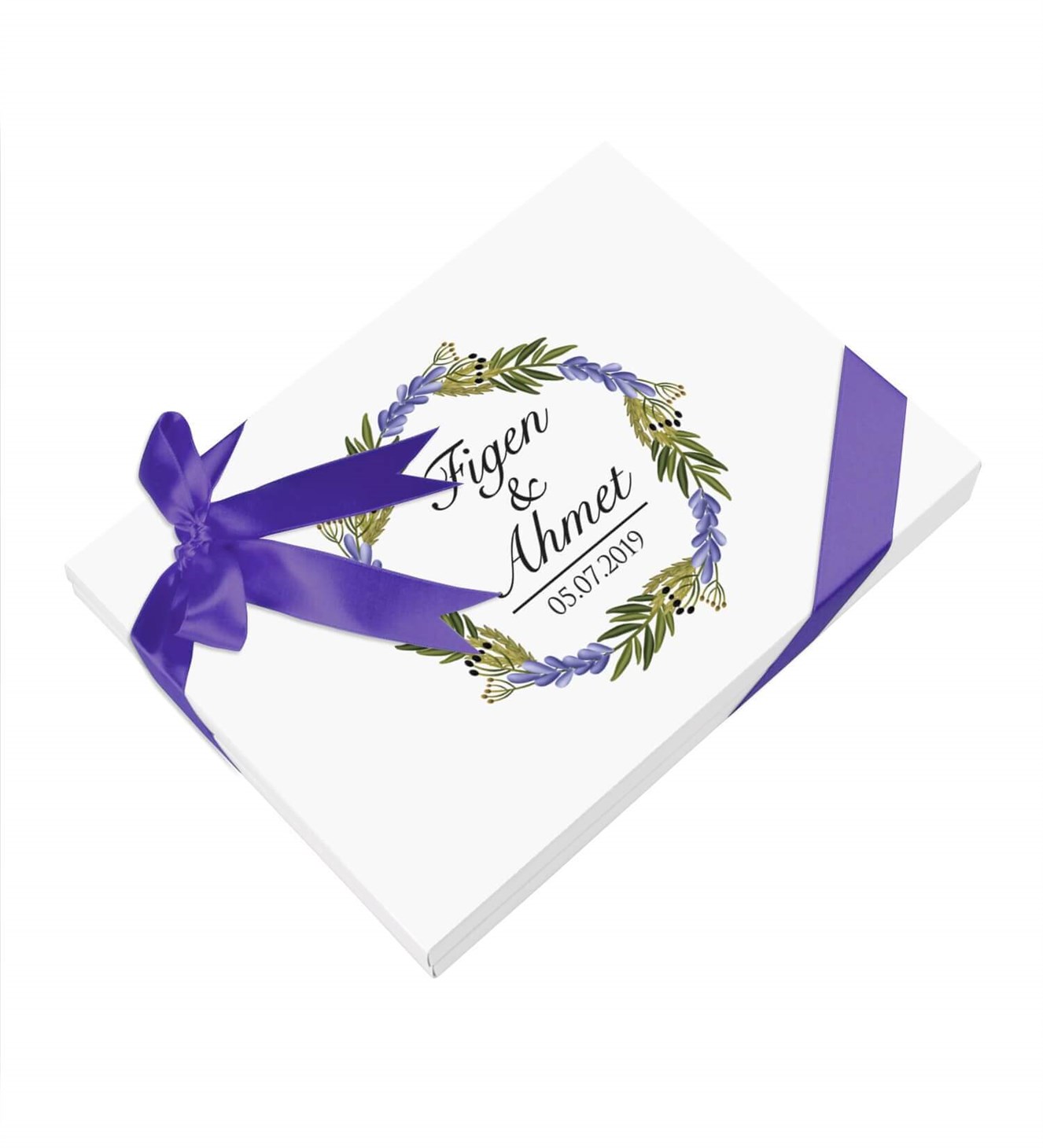 Mor Dallar ve Yapraklar İsimli ve Tarihli Kutulu Söz & Nişan Çikolatası