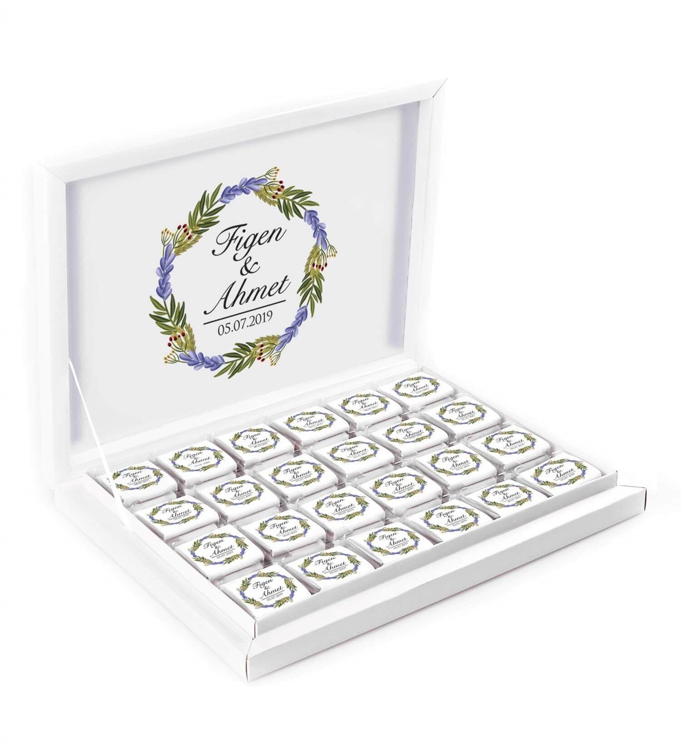 Mor Dallar ve Yapraklar İsimli ve Tarihli Kutulu Söz & Nişan Çikolatası