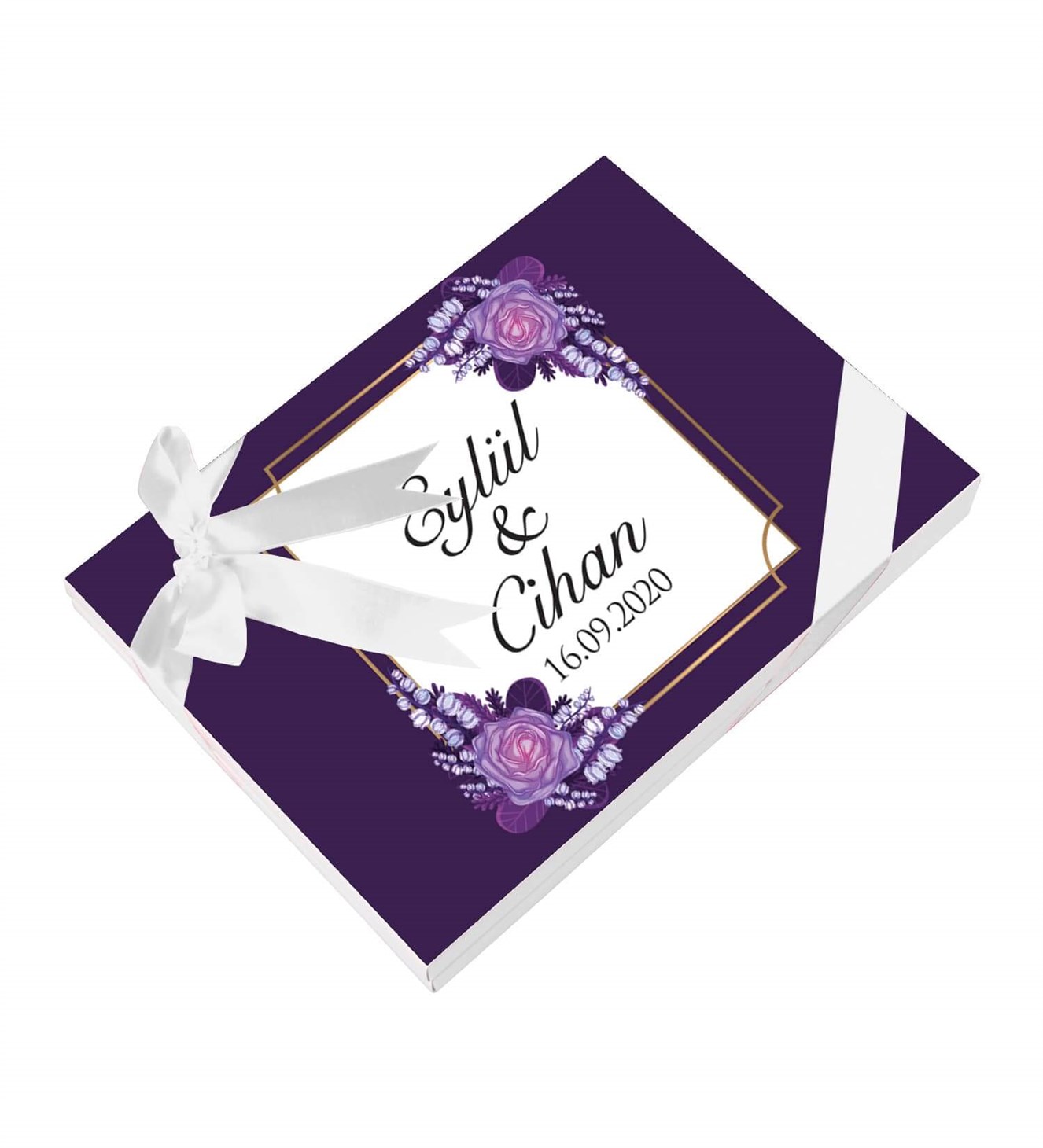Mor Dallı Güller İsimli ve Tarihli Kutulu Söz & Nişan Çikolatası