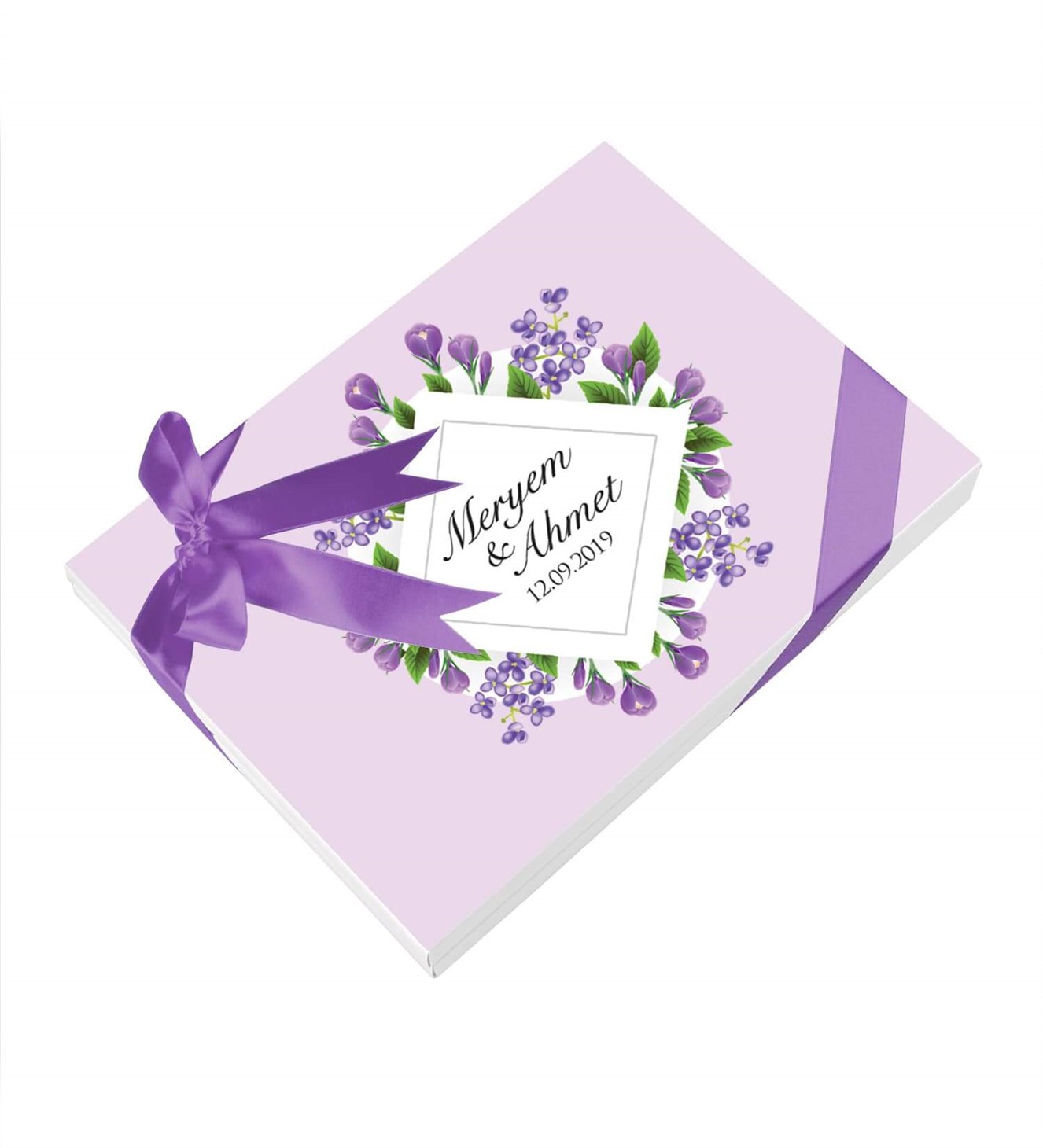 Mor Tomurcuklu Çiçekler İsimli ve Tarihli Kutulu Söz & Nişan Çikolatası