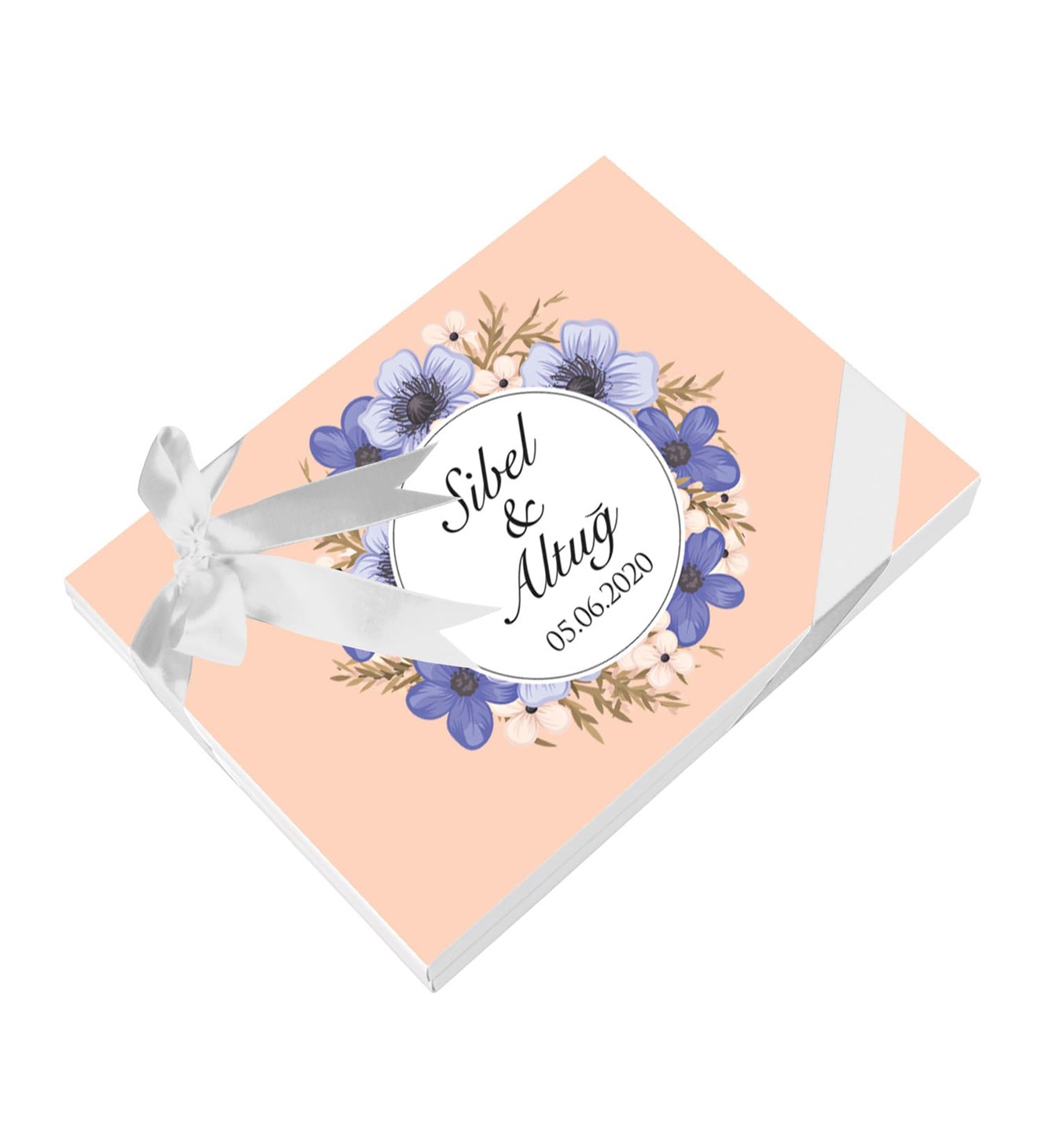 Morlu Lilalı Çiçekler İsimli ve Tarihli Kutulu Söz & Nişan Çikolatası