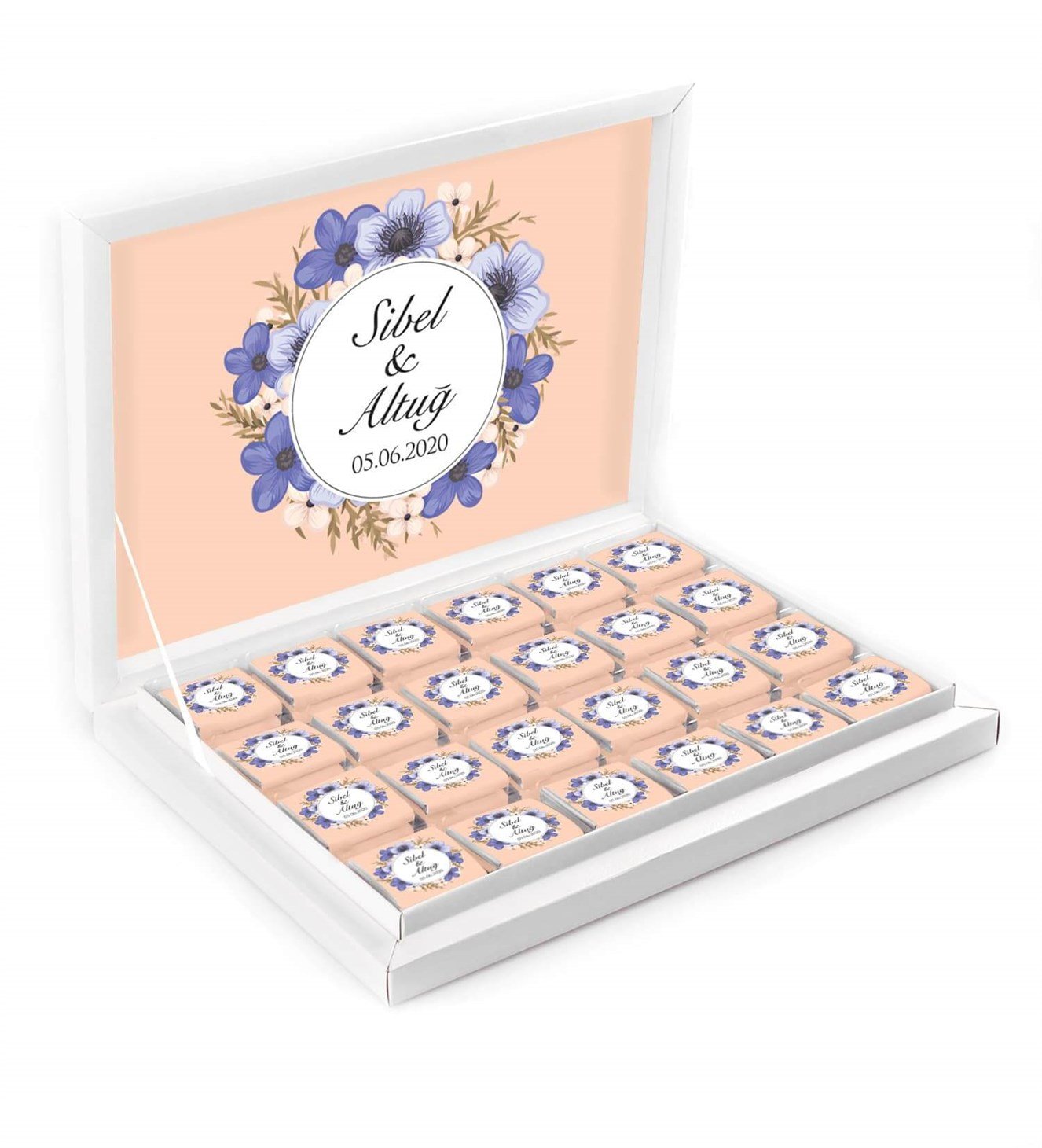 Morlu Lilalı Çiçekler İsimli ve Tarihli Kutulu Söz & Nişan Çikolatası