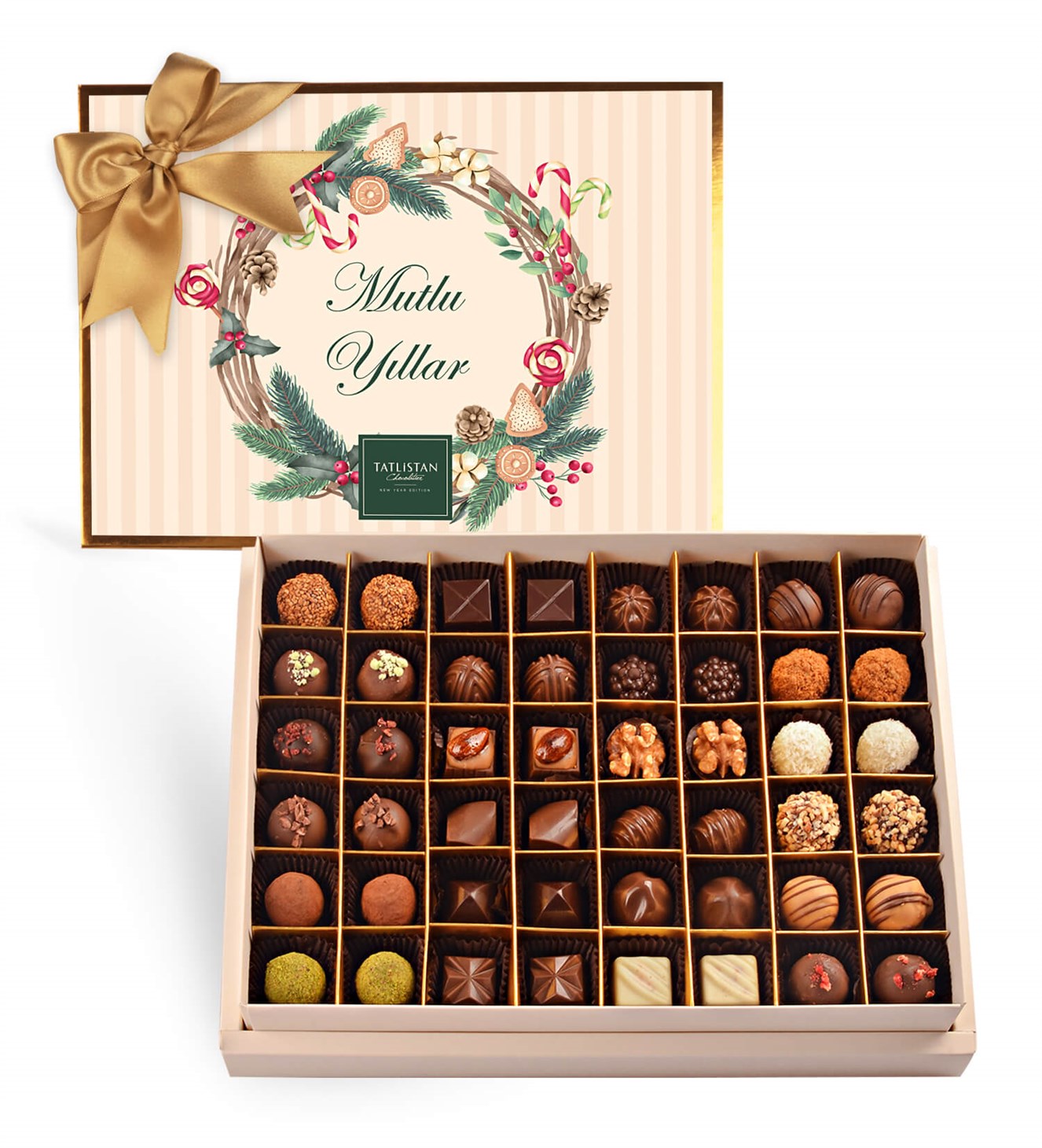 Mutlu Yıllar Çelenk 24 Çeşitli Artisan ve Trüf Çikolata 48'li