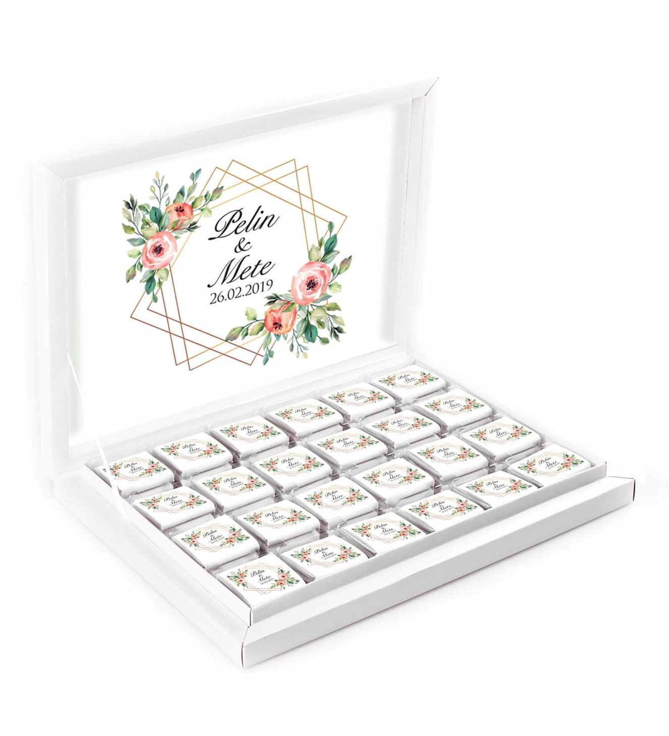 Pastel Renk Çiçekler İsimli ve Tarihli Kutulu Söz & Nişan Çikolatası