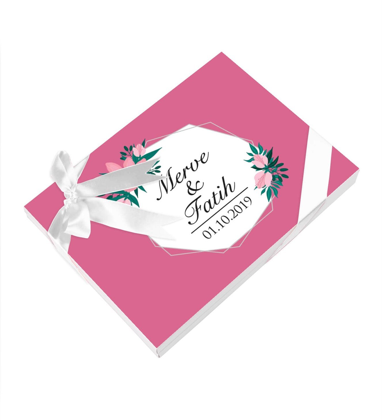 Pembe Çiçekler ve Yapraklar İsimli ve Tarihli Kutulu Söz & Nişan Çikolatası