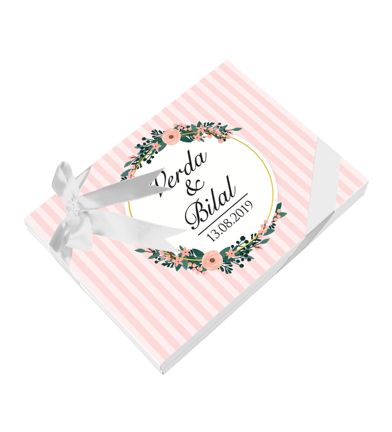 Pembe Çizgiler Çiçekler İsimli ve Tarihli Kutulu Söz & Nişan Çikolatası
