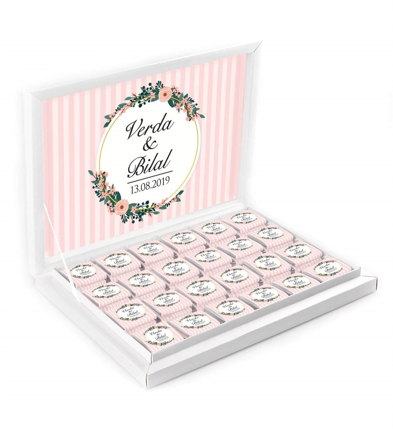 Pembe Çizgiler Çiçekler İsimli ve Tarihli Kutulu Söz & Nişan Çikolatası