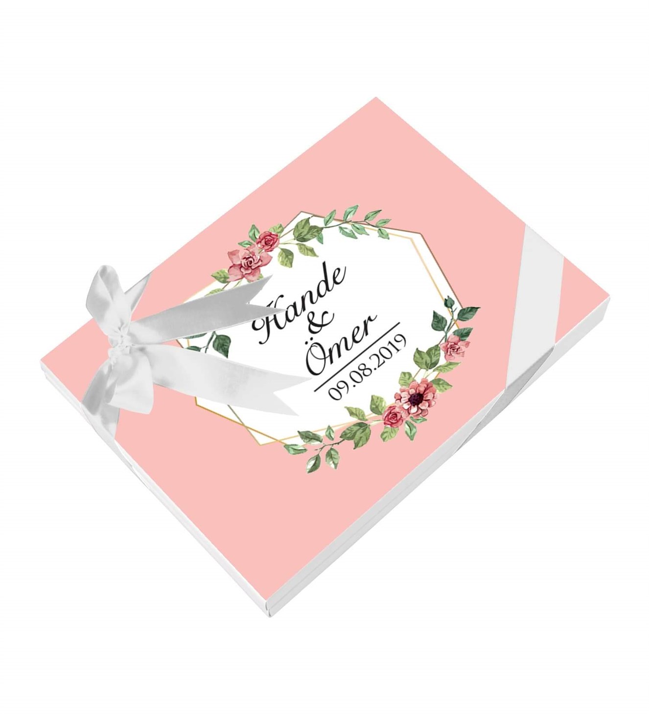 Pembe Güller ve Dallar İsimli ve Tarihli Kutulu Söz & Nişan Çikolatası