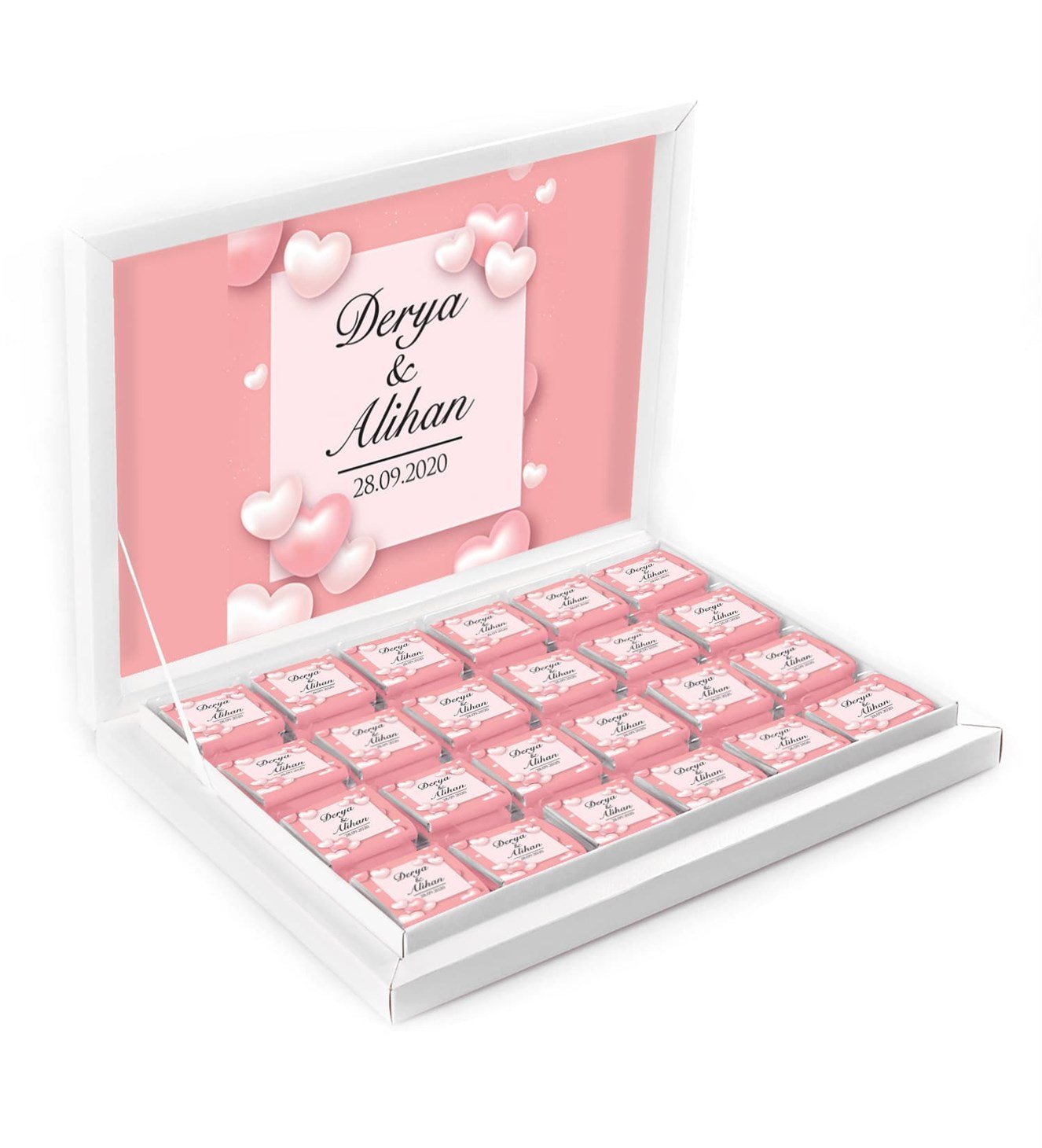 Pembe Kalpler İsimli ve Tarihli Kutulu Söz & Nişan Çikolatası