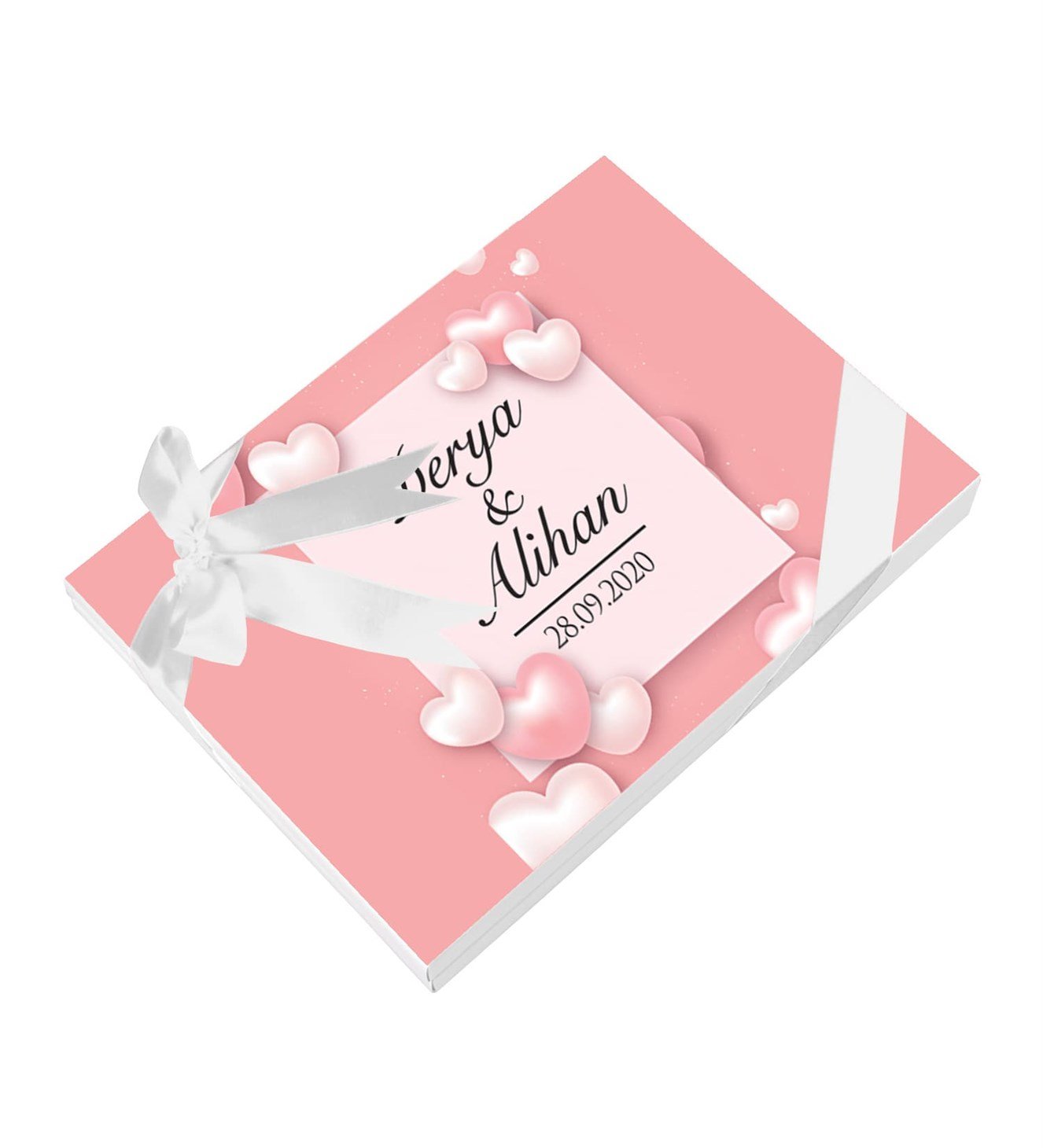 Pembe Kalpler İsimli ve Tarihli Kutulu Söz & Nişan Çikolatası