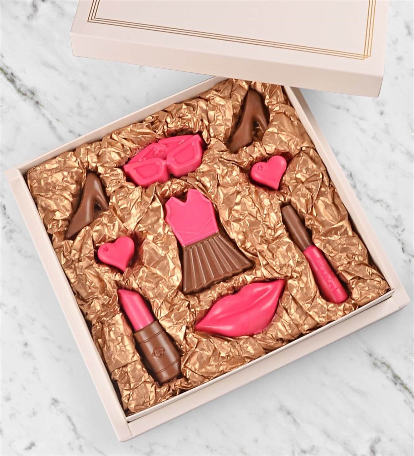 Pembe Makyaj Malzemeli Gözlük ve  Elbiseli Çikolata