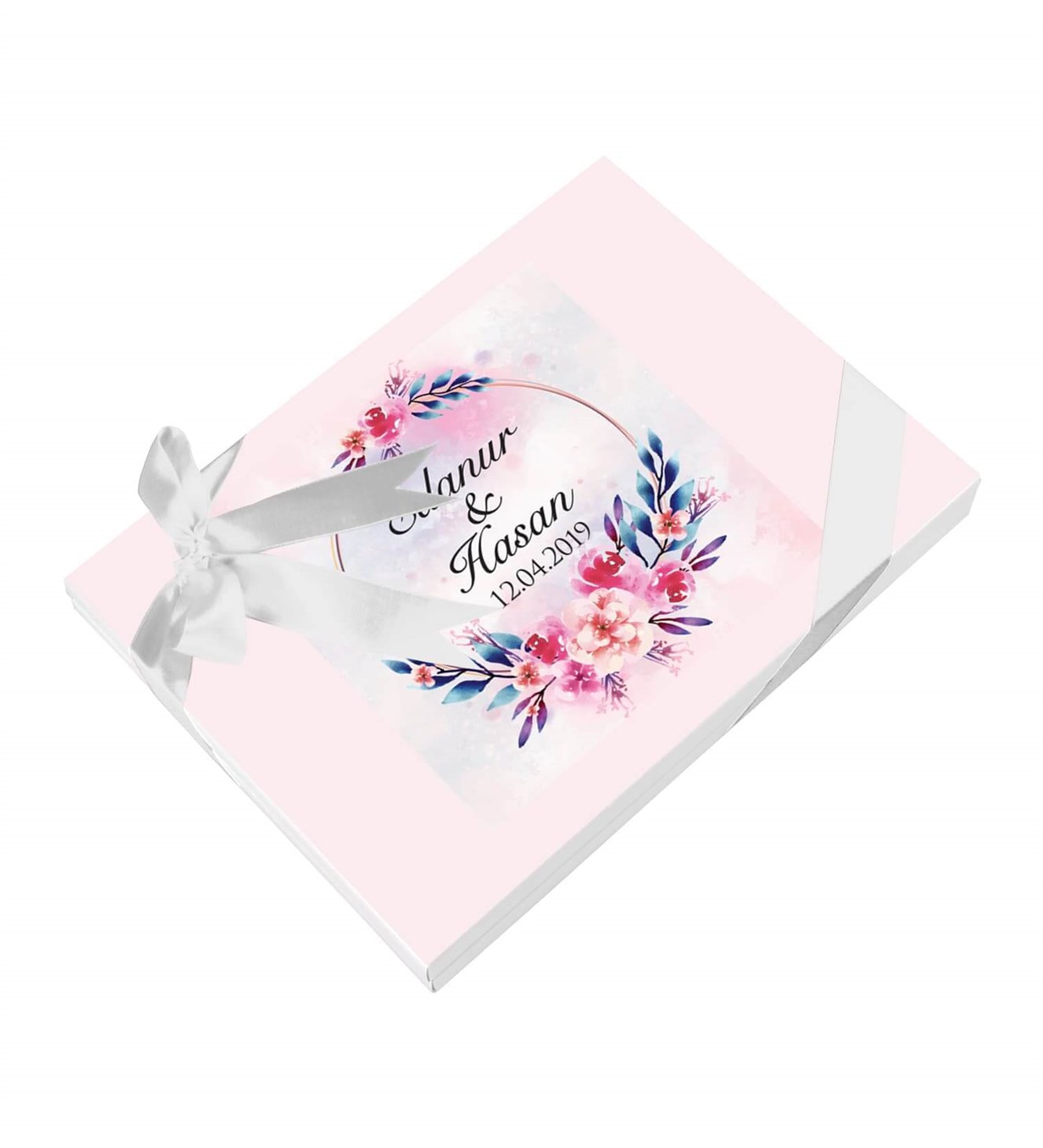 Pembe ve Tonları Çiçekler İsimli ve Tarihli Kutulu Söz & Nişan Çikolatası