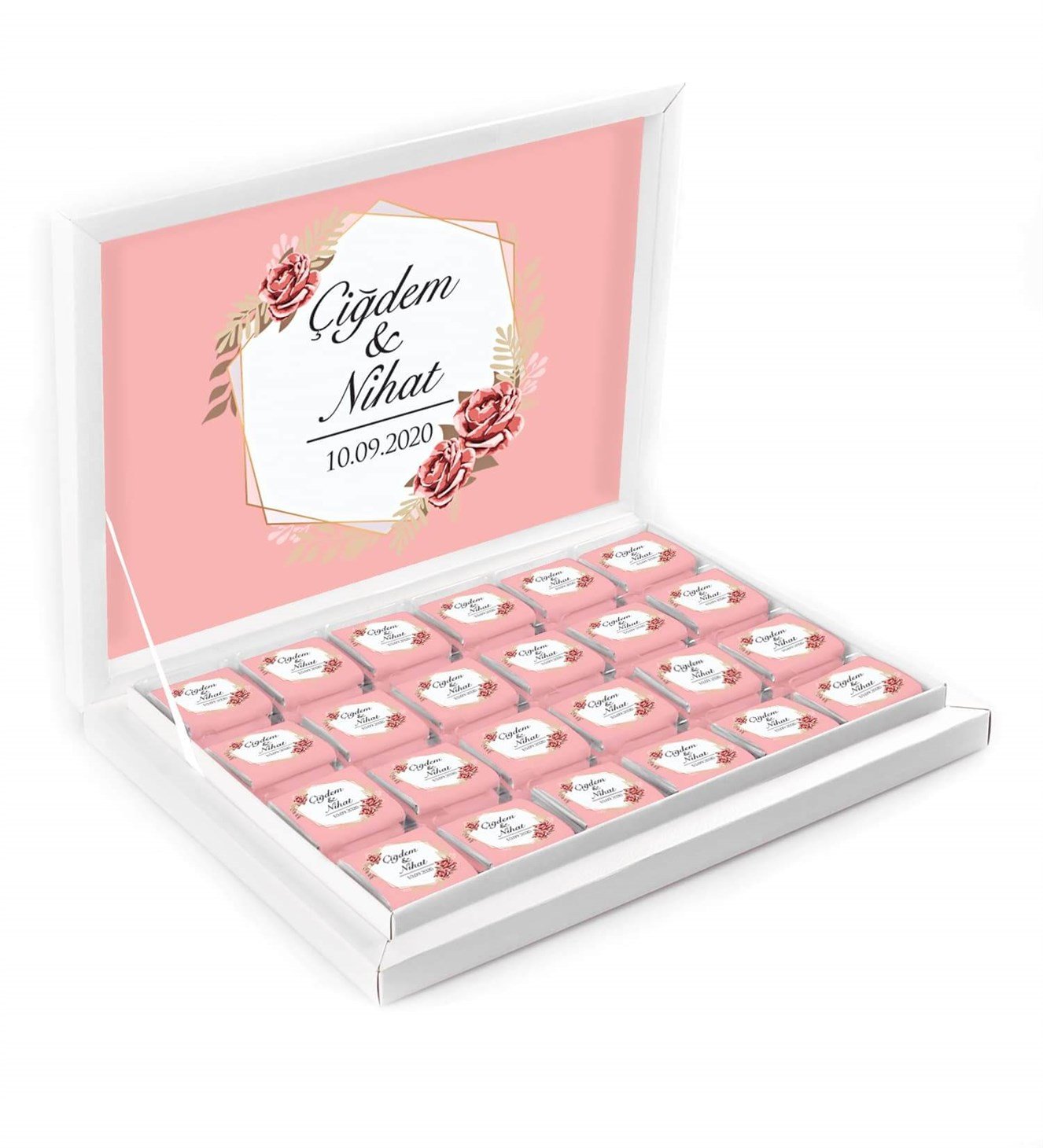 Pembeli Gül Kurusu Çiçekler İsimli ve Tarihli Kutulu Söz & Nişan Çikolatası