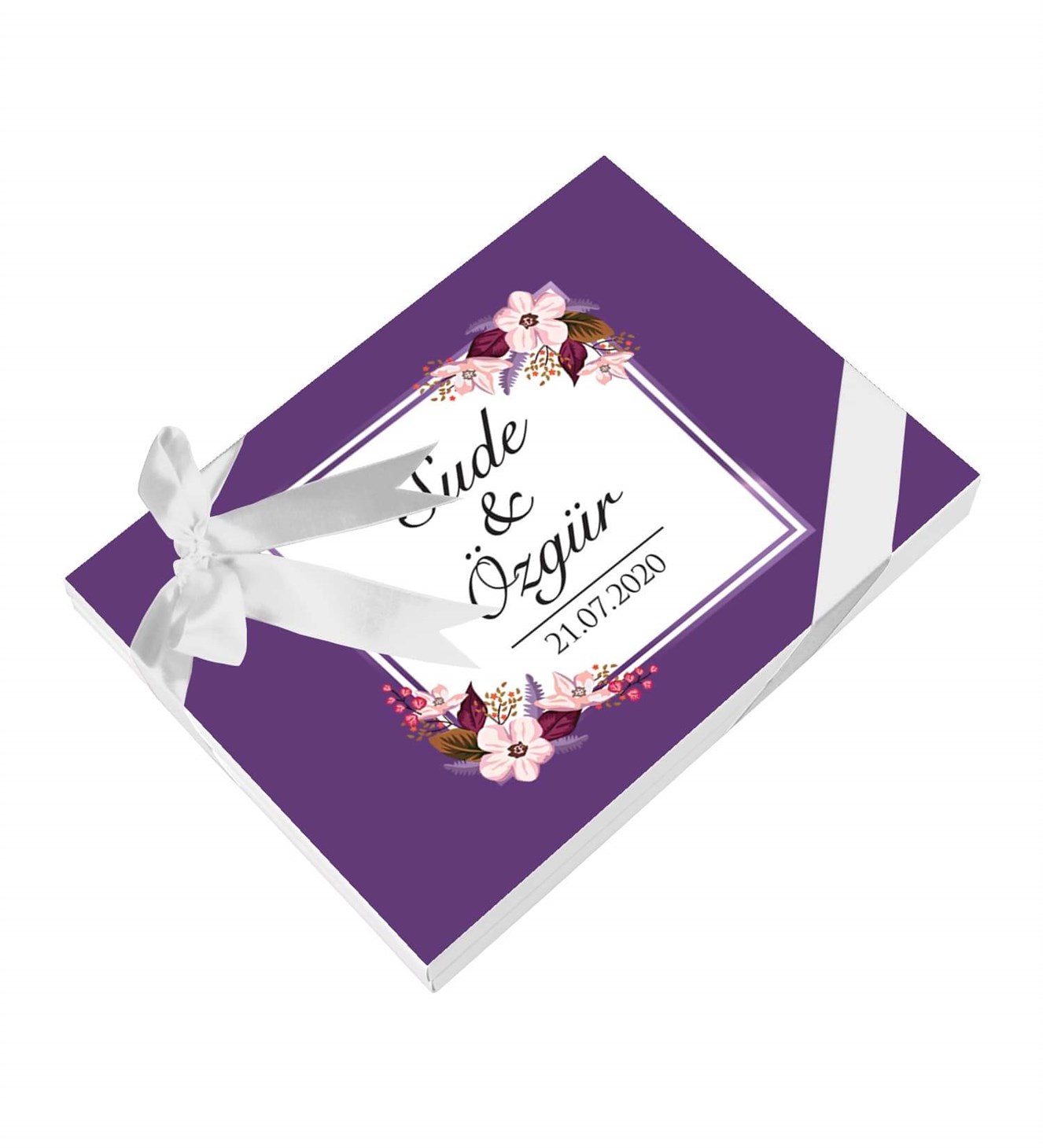 Pembeli Morlu Çiçekler İsimli ve Tarihli Kutulu Söz & Nişan Çikolatası