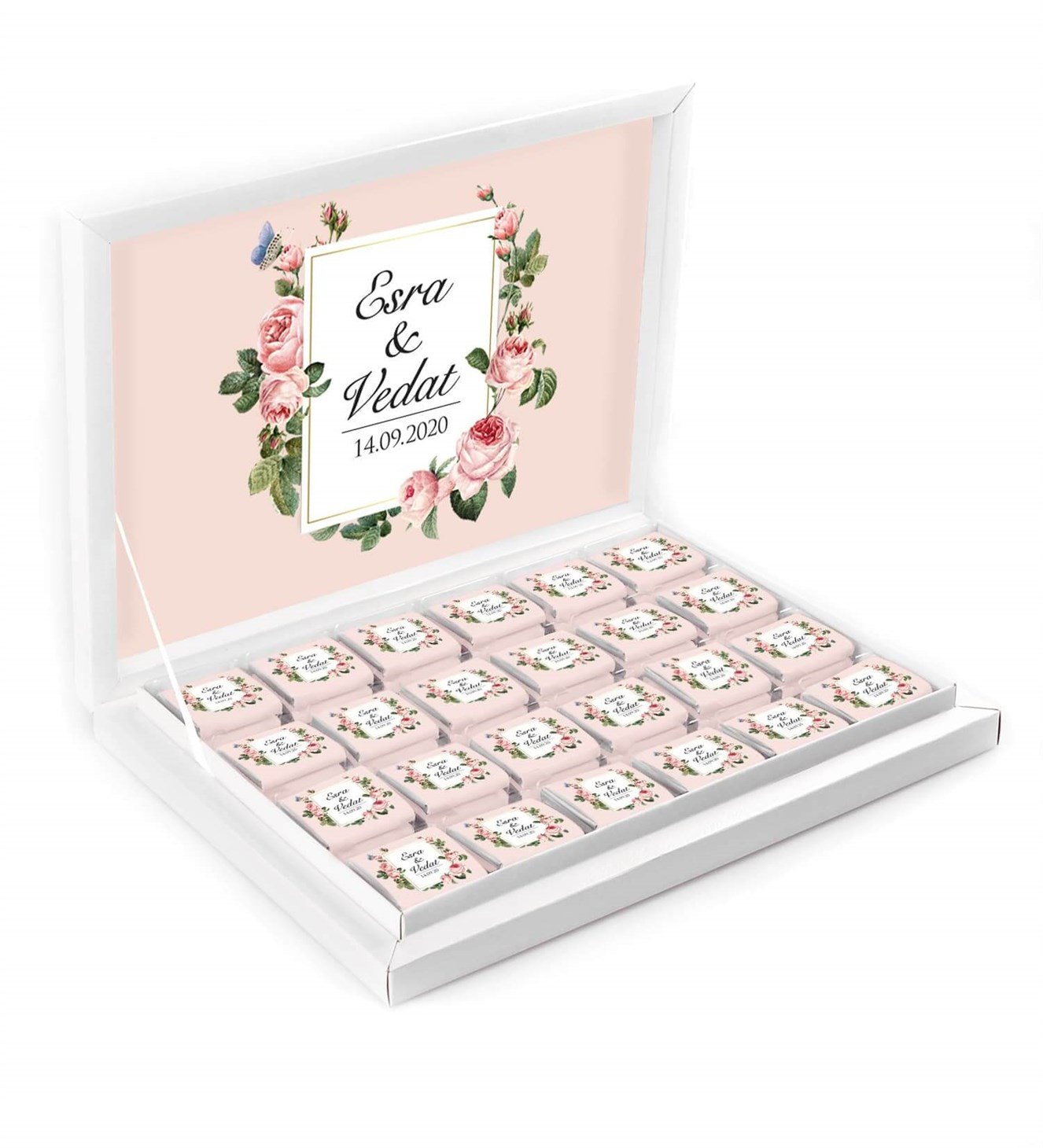 Pudra Pembe Çiçekler İsimli ve Tarihli Kutulu Söz & Nişan Çikolatası