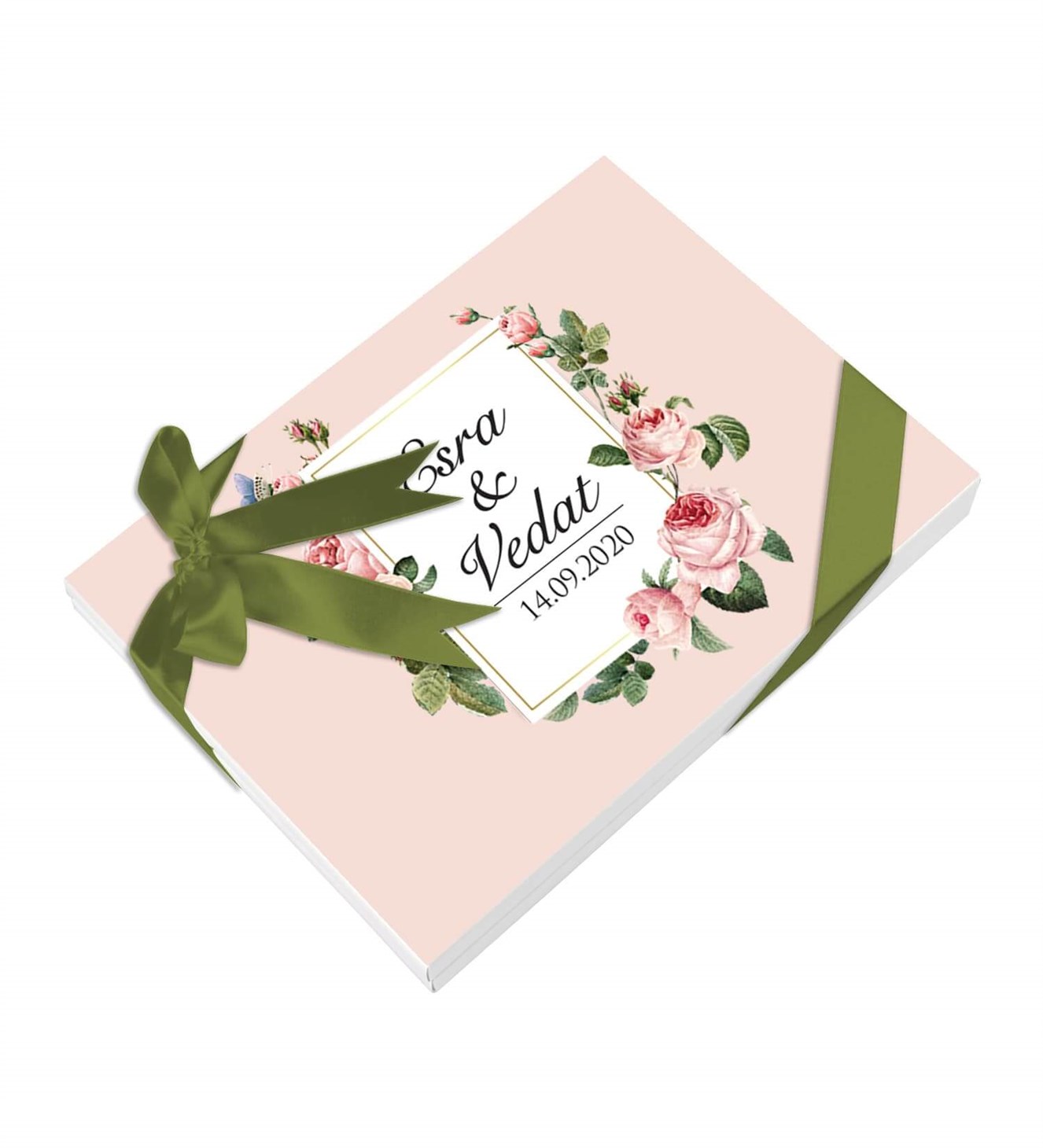 Pudra Pembe Çiçekler İsimli ve Tarihli Kutulu Söz & Nişan Çikolatası