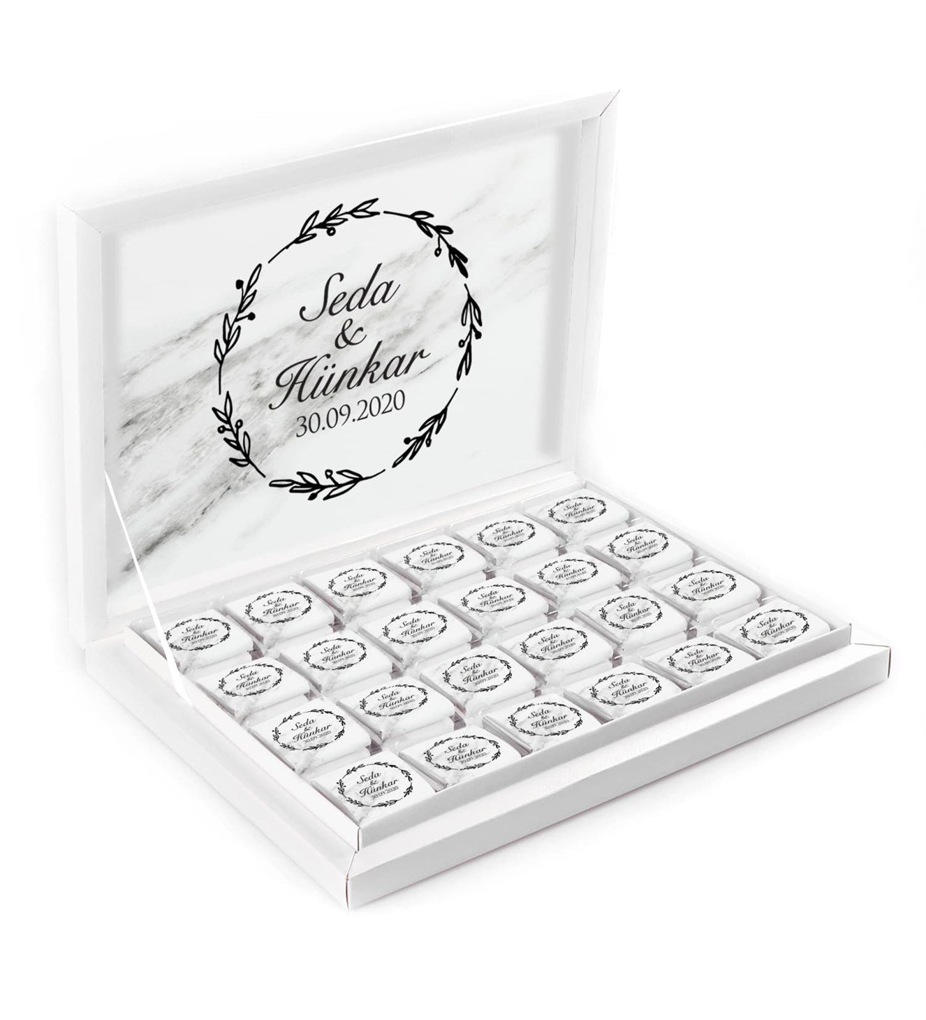 Siyah Vintage Dallar İsimli ve Tarihli Kutulu Söz & Nişan Çikolatası