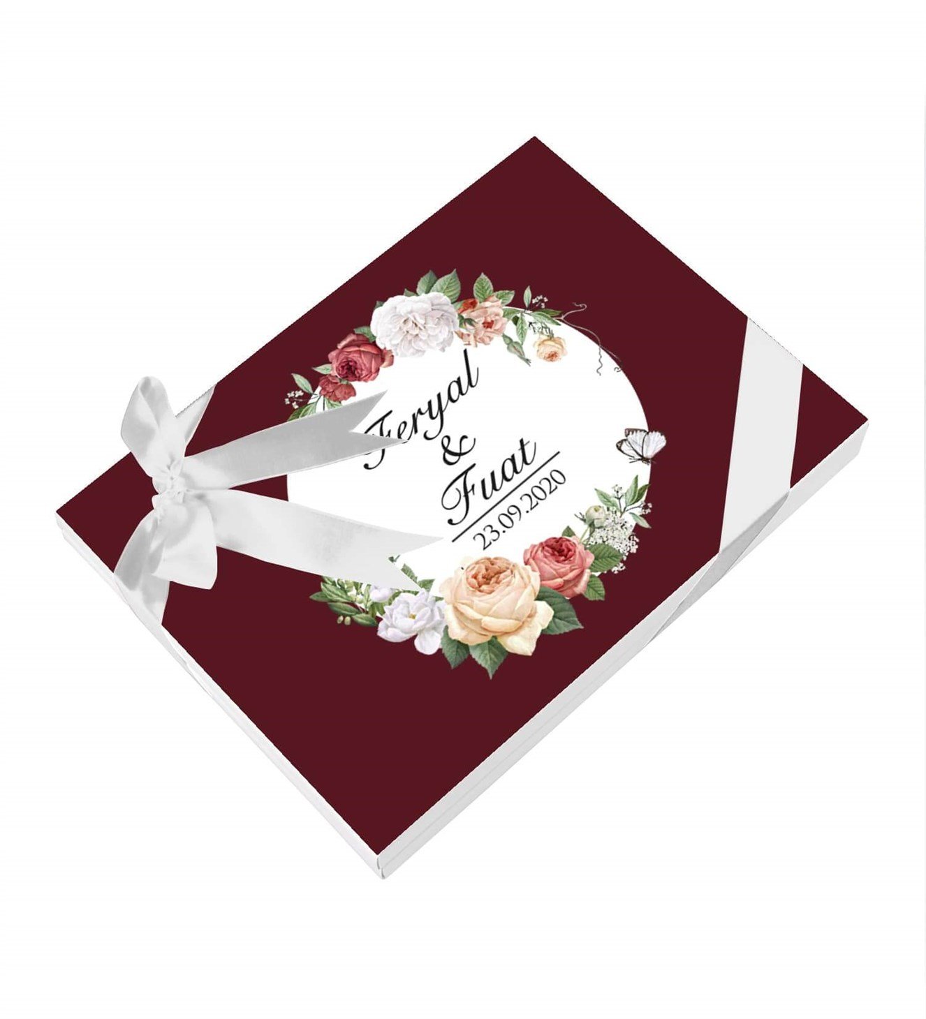 Soft Çiçekli Bordo İsimli ve Tarihli Kutulu Söz & Nişan Çikolatası