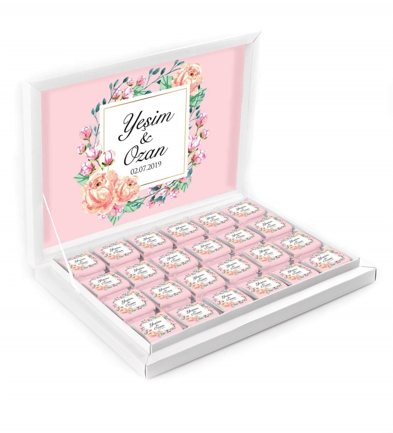 Somon Çiçekli Dallar İsimli ve Tarihli Kutulu Söz & Nişan Çikolatası