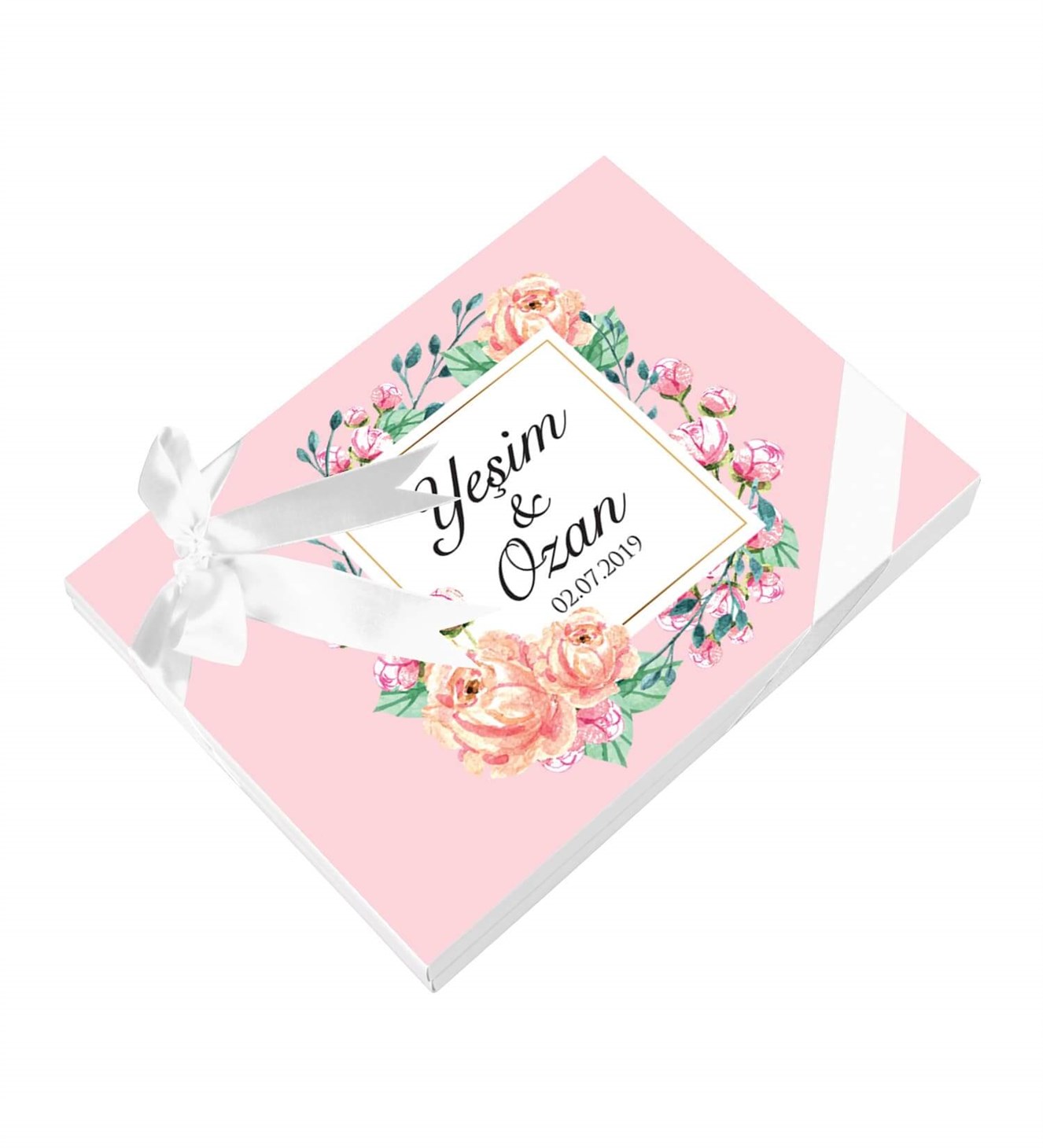 Somon Çiçekli Dallar İsimli ve Tarihli Kutulu Söz & Nişan Çikolatası