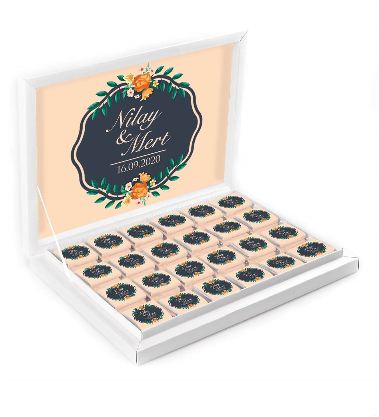 Turuncu Çiçekler Dallar İsimli ve Tarihli Kutulu Söz & Nişan Çikolatası