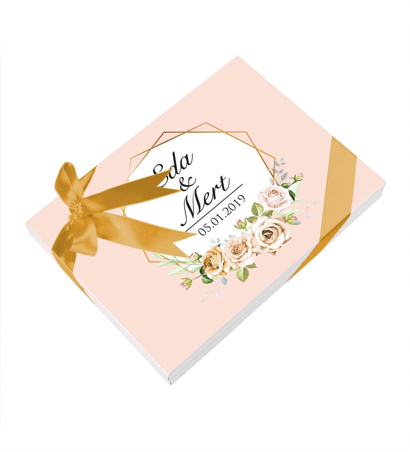 Uçuk Pembe Çiçekler İsimli ve Tarihli Kutulu Söz & Nişan Çikolatası