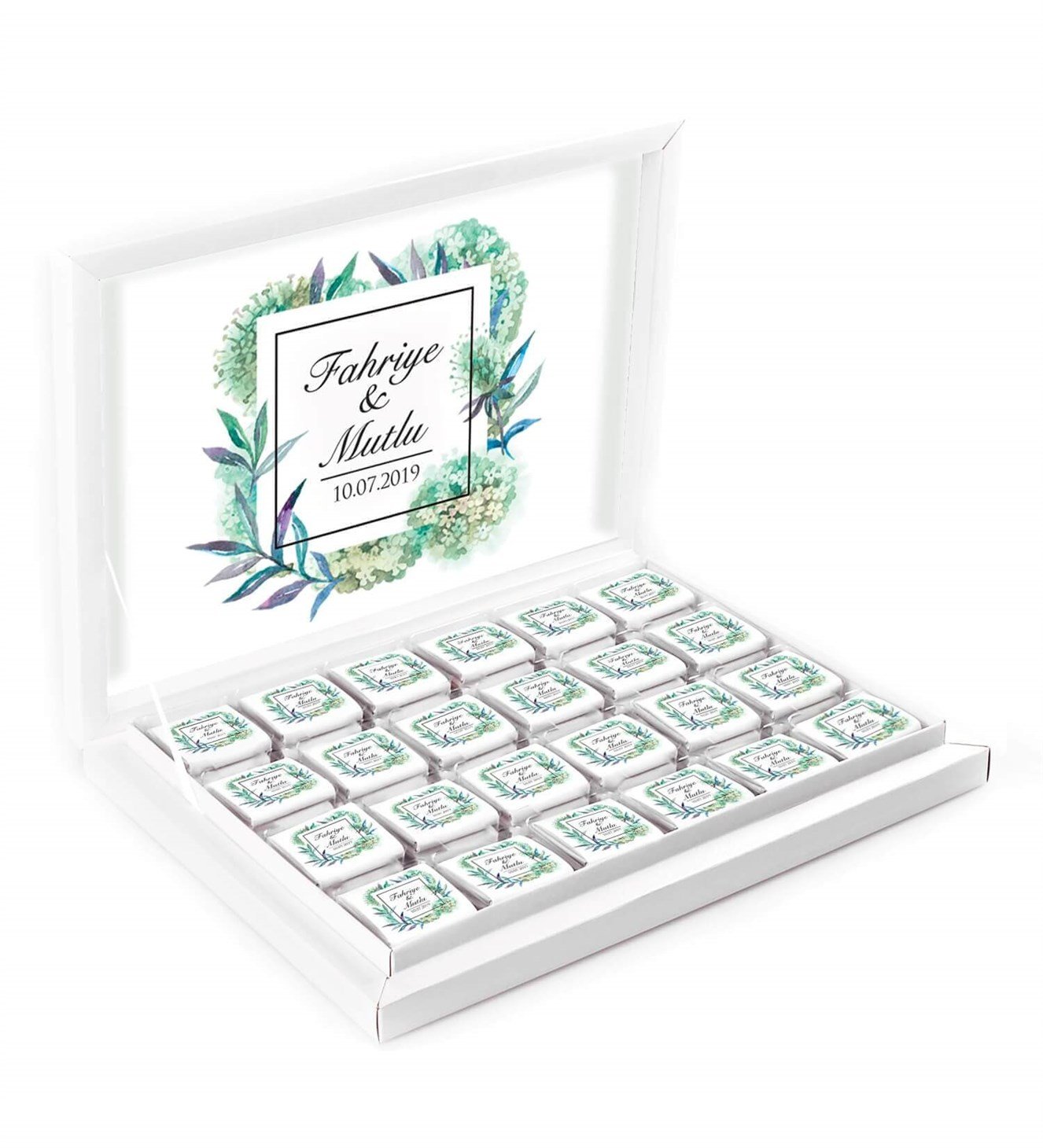 Yeşil Çiçekler İsimli ve Tarihli Kutulu Söz & Nişan Çikolatası