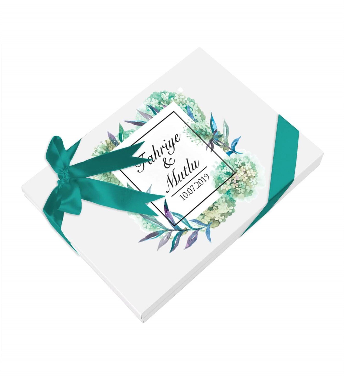 Yeşil Çiçekler İsimli ve Tarihli Kutulu Söz & Nişan Çikolatası