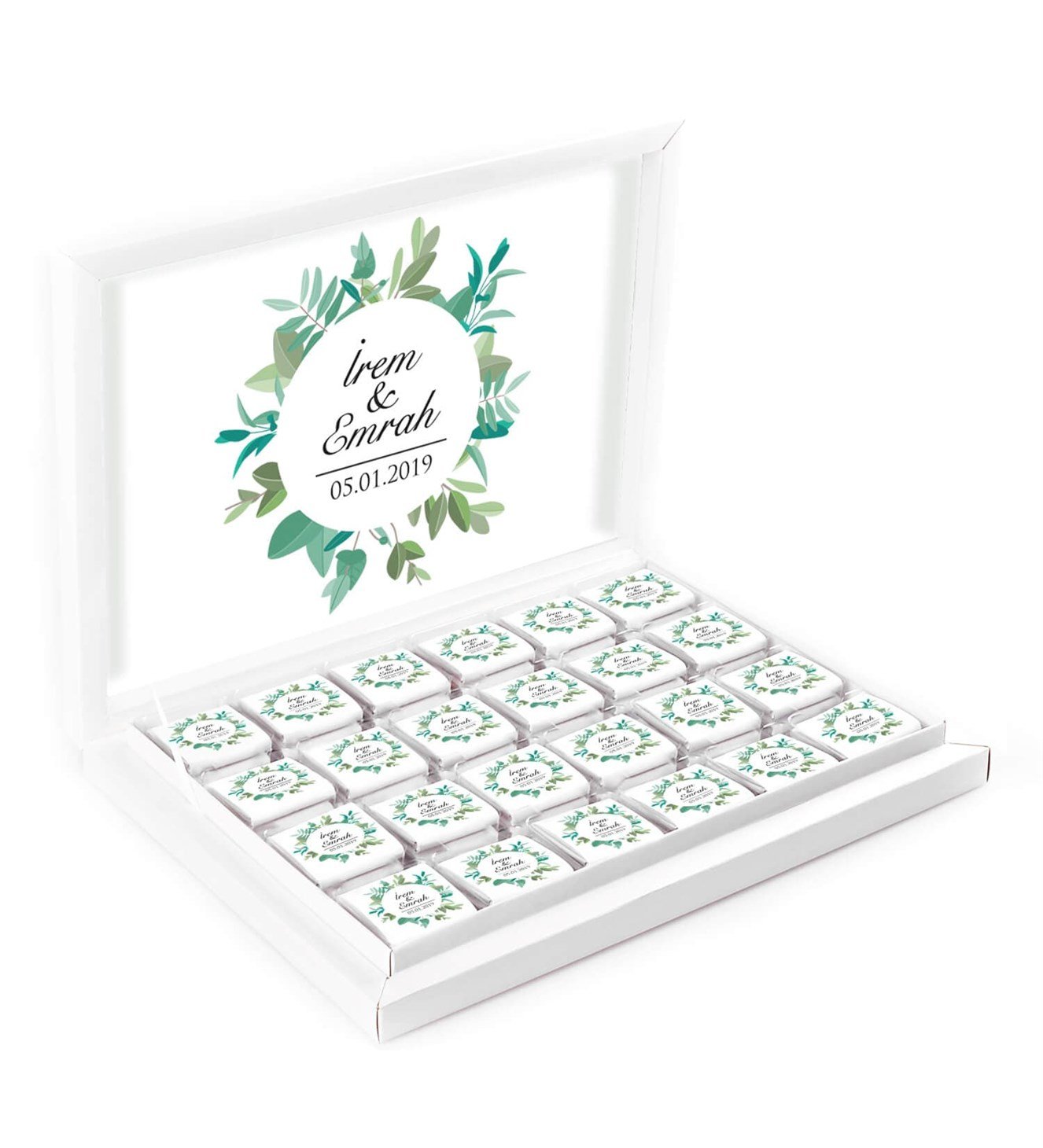 Yeşil Dallar İsimli ve Tarihli Kutulu Söz & Nişan Çikolatası