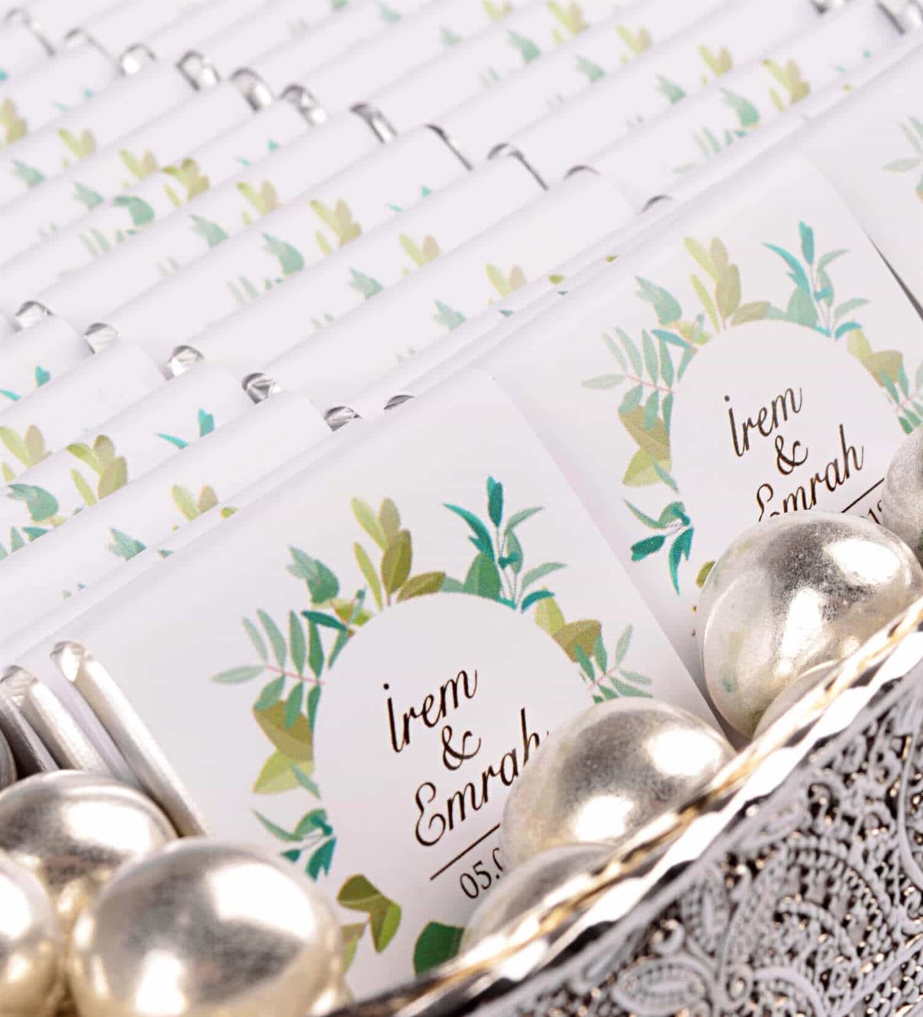 Yeşil Yapraklı İsimli 50 Adet Söz & Nişan Çikolatası