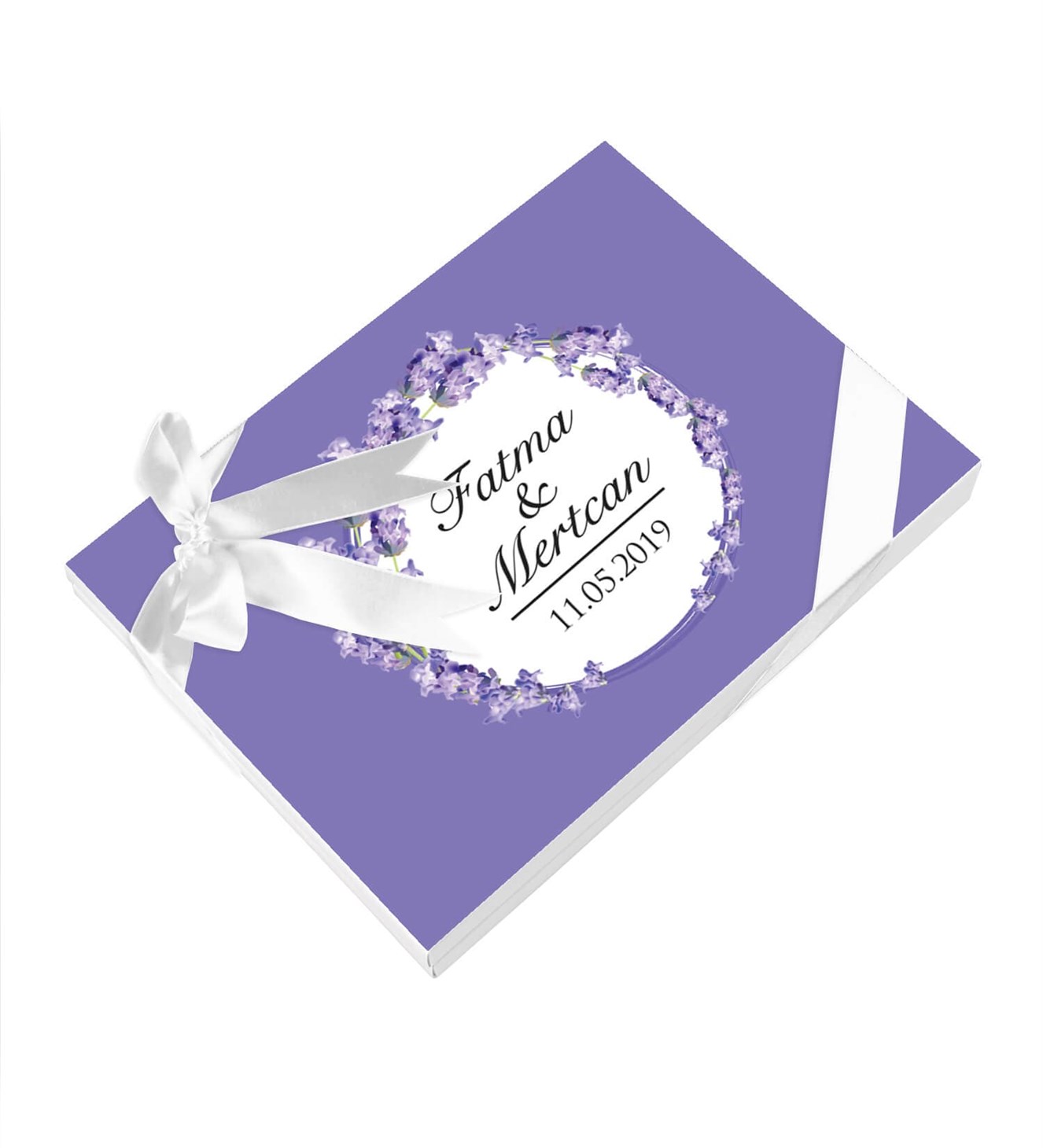 Zarif Mor Çiçekler İsimli ve Tarihli Kutulu Söz & Nişan Çikolatası