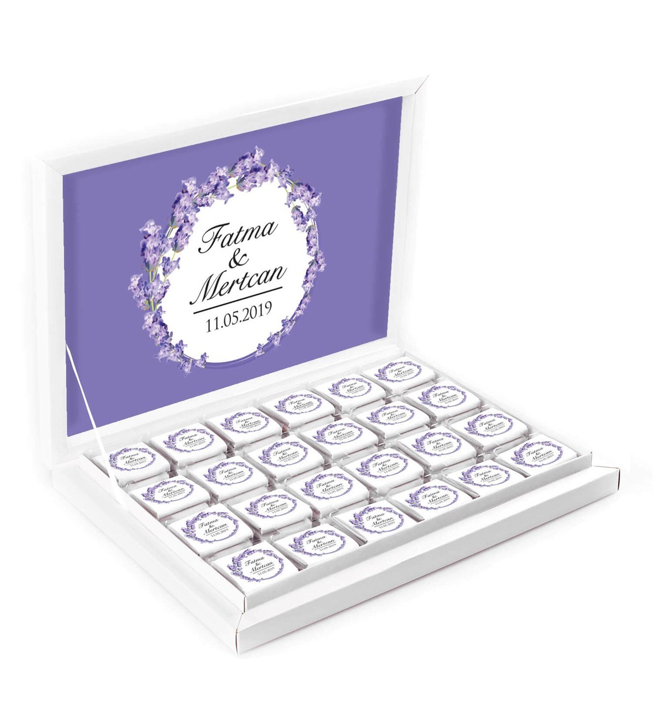 Zarif Mor Çiçekler İsimli ve Tarihli Kutulu Söz & Nişan Çikolatası