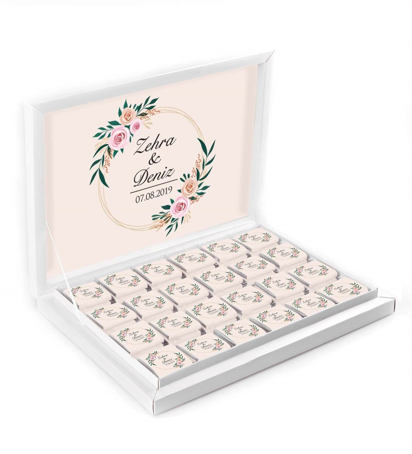 Zarif Pembe Güller İsimli ve Tarihli Kutulu Söz & Nişan Çikolatası