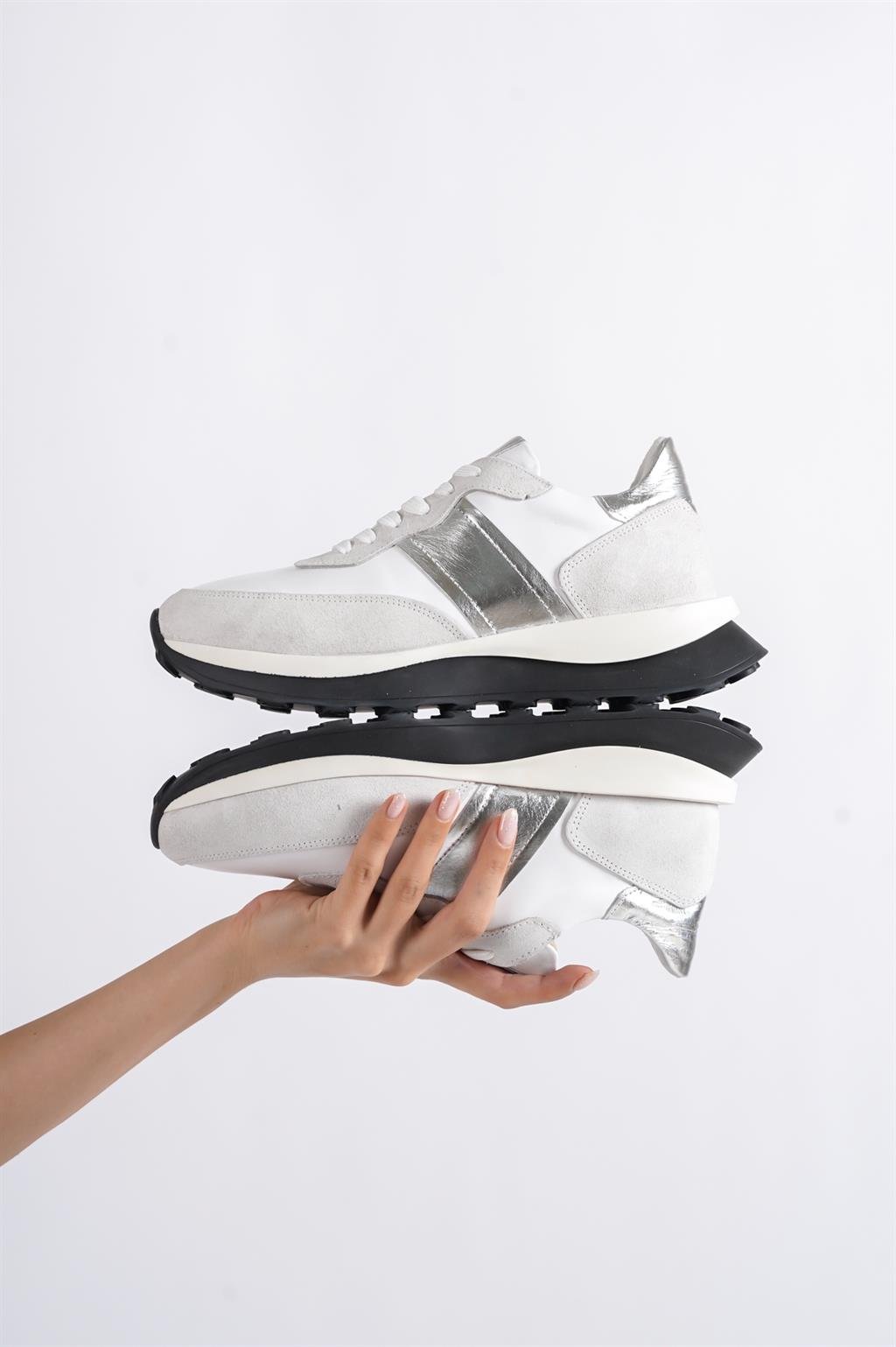 Hakiki Deri Beyaz Gümüş Kadın Deri Sneaker Spor Ayakkabı DP63-MS