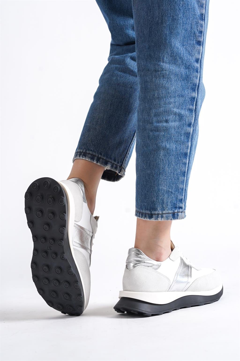 Hakiki Deri Beyaz Gümüş Kadın Deri Sneaker Spor Ayakkabı DP63-MS