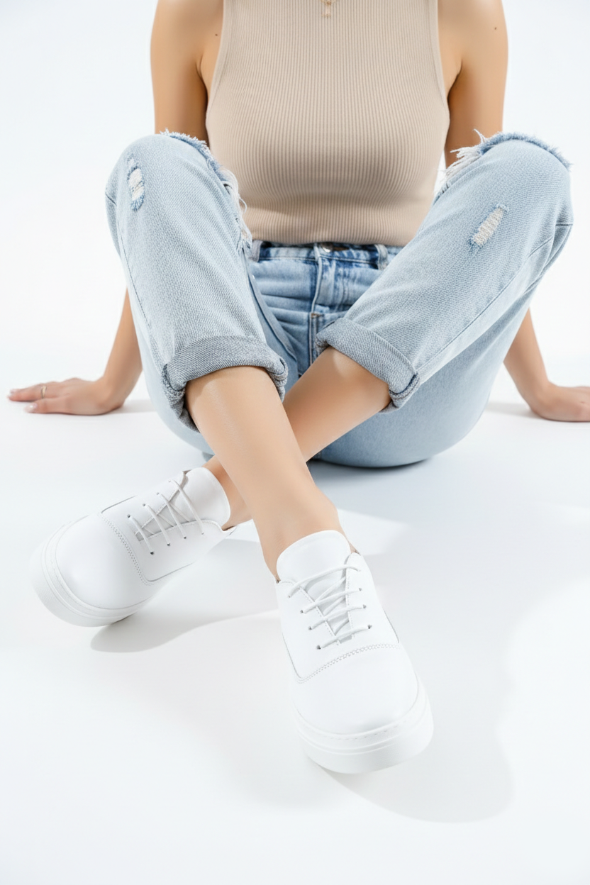Hakiki Deri Beyaz Kadın Deri Sneaker VNS-M01