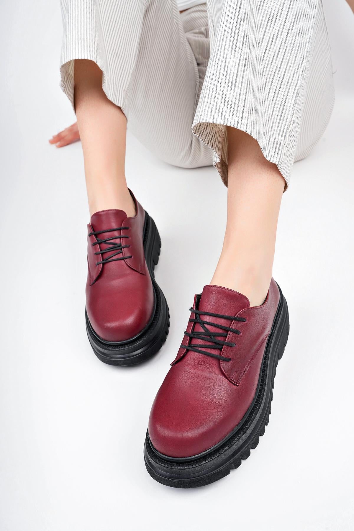 Hakiki Deri Bordo Casual Kadın Günlük Kalın Taban Deri Loafer Ayakkabı TRC-216674