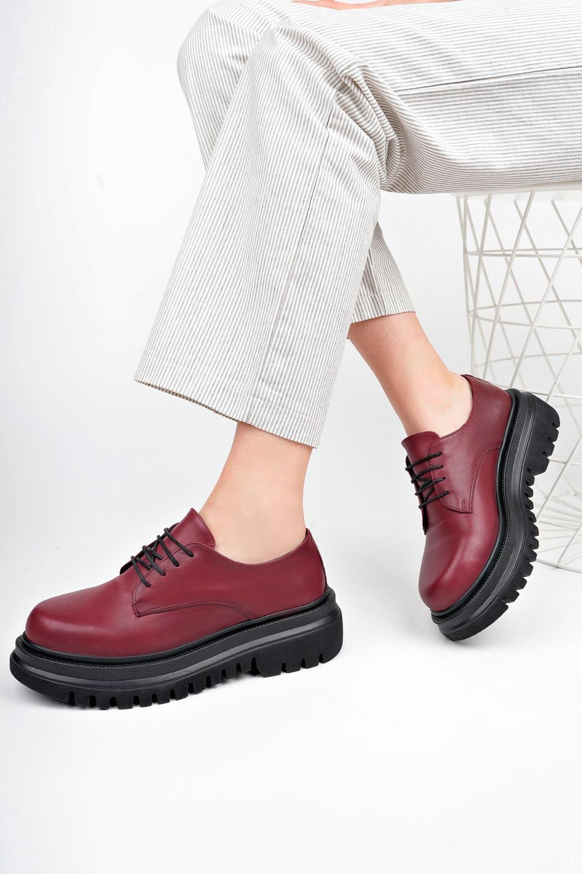 Hakiki Deri Bordo Casual Kadın Günlük Kalın Taban Deri Loafer Ayakkabı TRC-216674