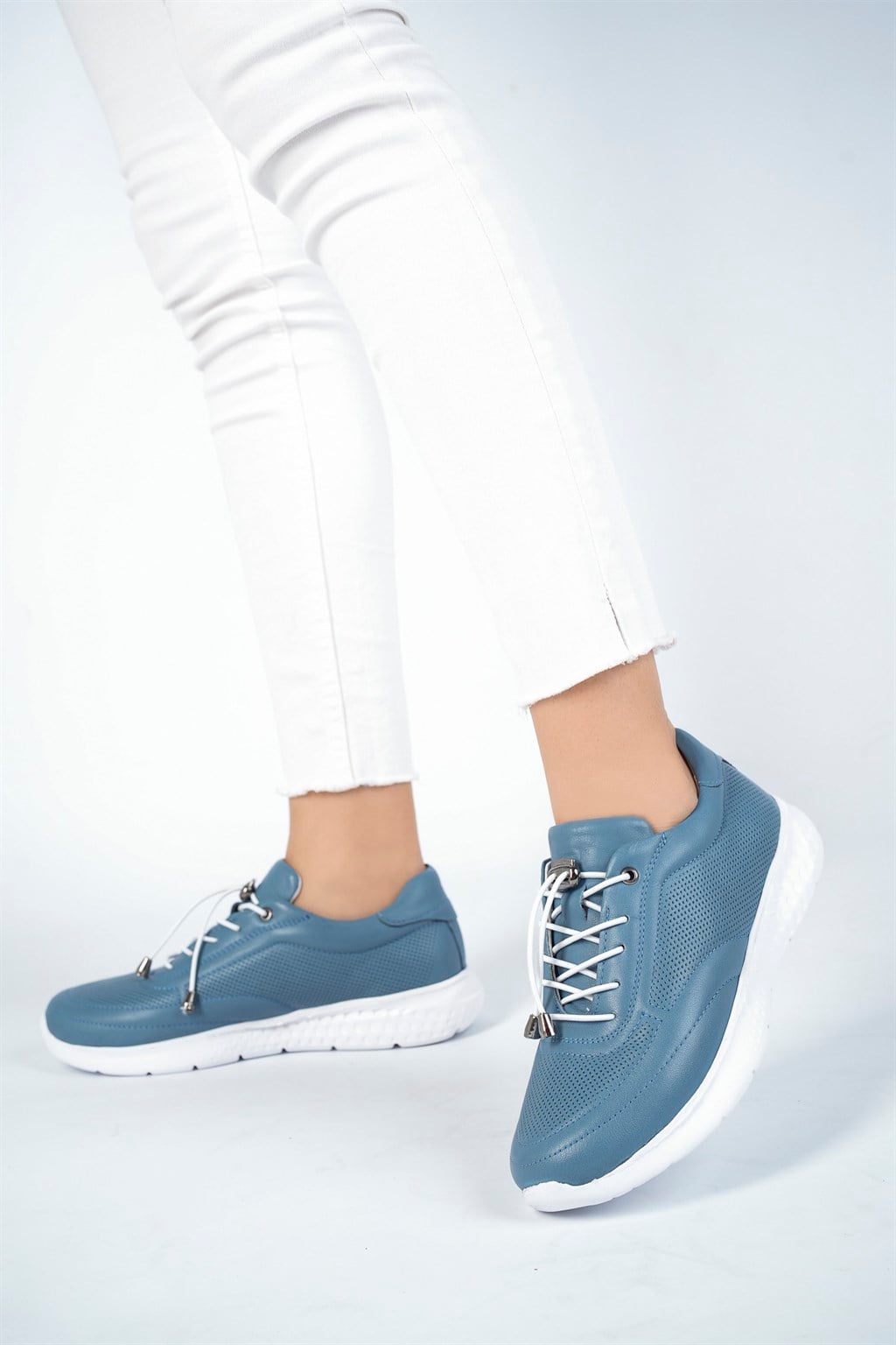 Hakiki Deri Kot Mavi Kadın Deri Sneaker Spor Ayakkabı DP71-0111