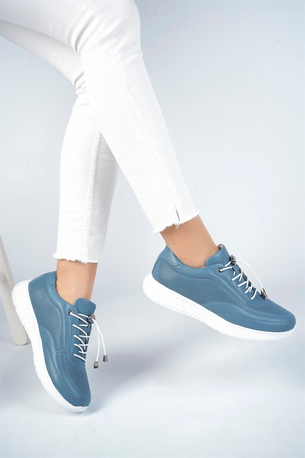 Hakiki Deri Kot Mavi Kadın Deri Sneaker Spor Ayakkabı DP71-0111